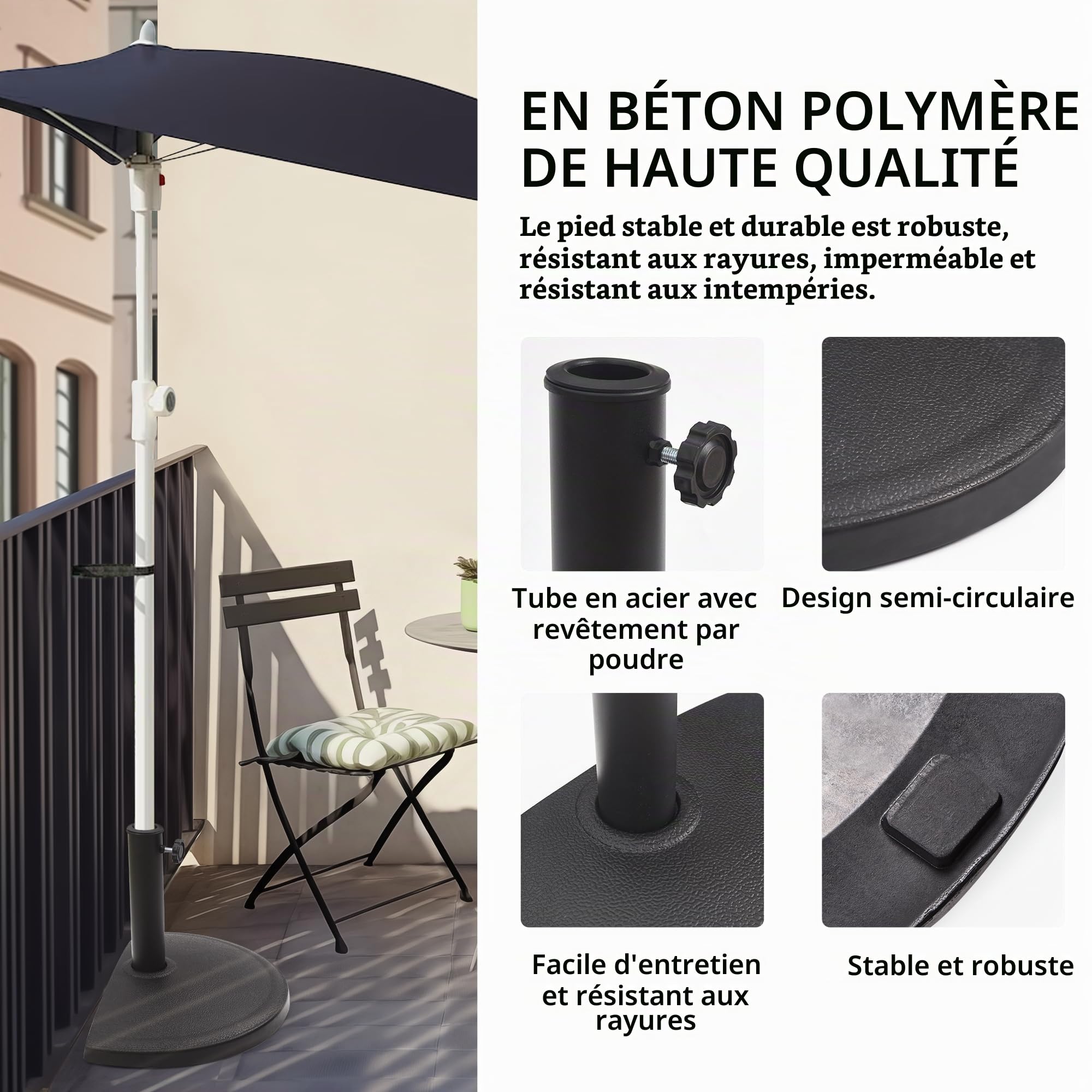 paramondo Pied de Parasol Semi-Circulaire Socle de Parasol résistant aux intempéries Épaisseur de mât 35-50 mm, Adaptateur Inclus, Pied de Balcon 9 kg, Noir