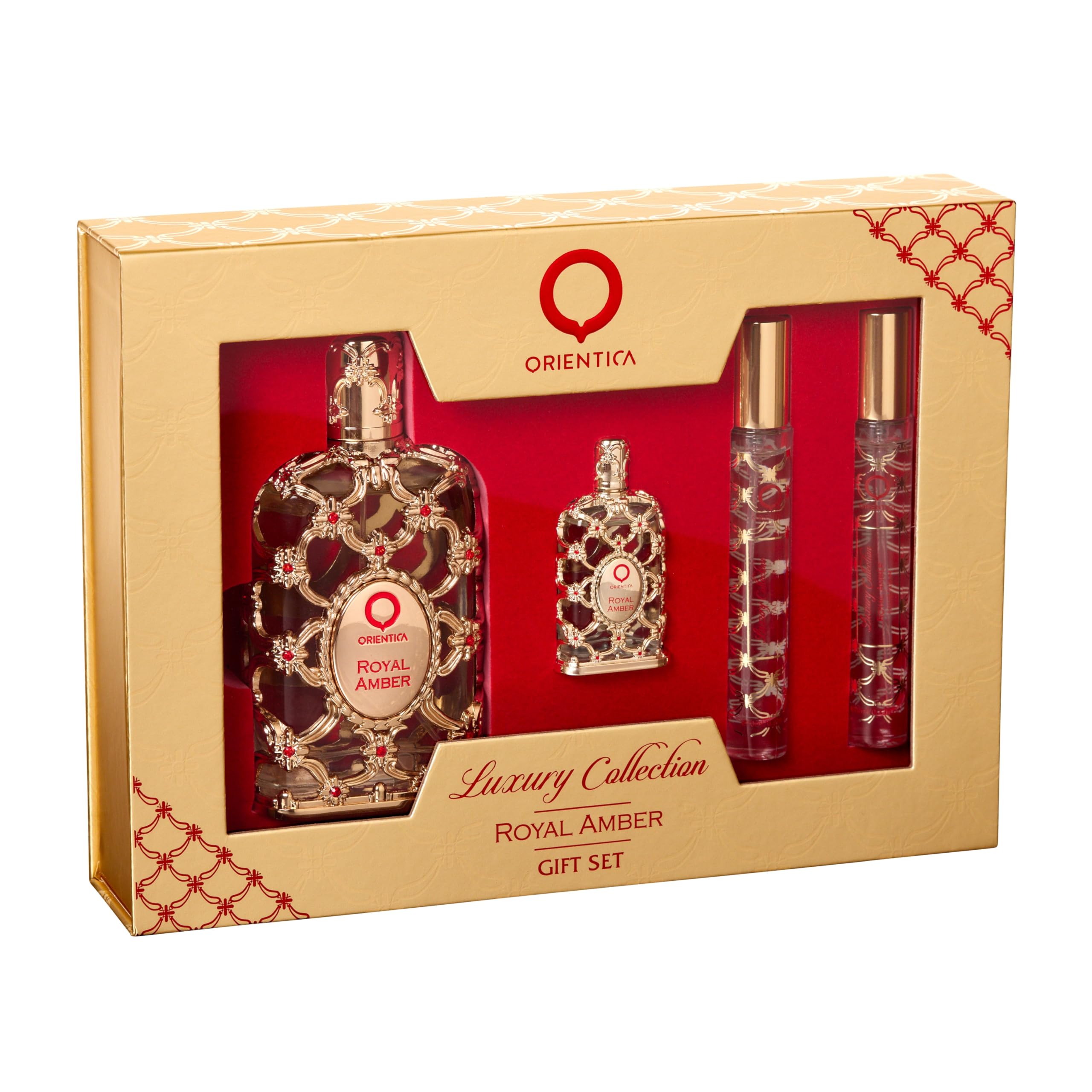 Orientica Royal Amber 4-Pc Gift Set Eau De Parfum - Fruity, Gourmand, Amber, Woody, Vanilla, Bergamot, Melon, Pineapple| Perfume for Women - 2.7oz spray, 2 x 10ml spray, 7.5ml splash