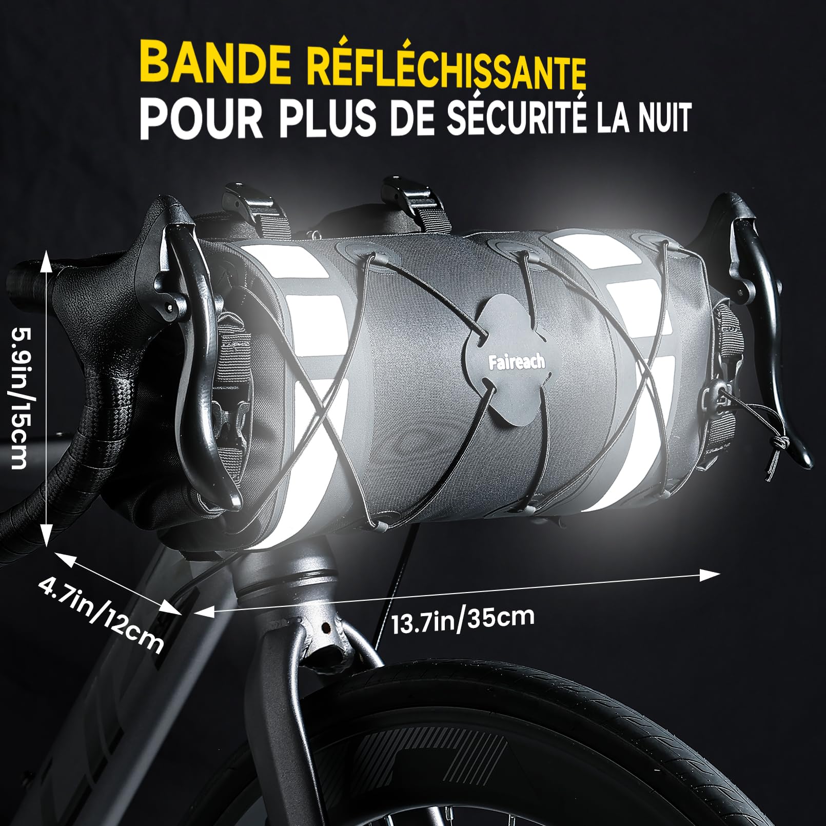 9.5L Sacoche de Guidon Vélo, Sacoche Vélo Étanche Grande Capacité avec Bande Réfléchissante, Sac Avant pour Vélo Route VTT Électrique, Noir, et Filet Externe en Corde Élastique