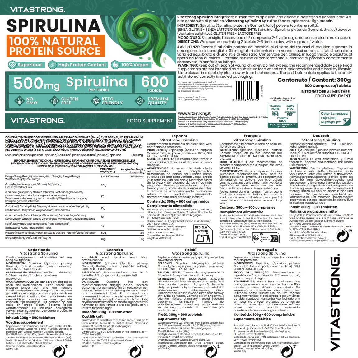 Spirulina Compresse Vitastrong, 3000mg per Dose, 600 Alga Spirulina Compresse 100% Vegan ad Alto Contenuto Proteico, Integratore Alimentare a Lunga Fornitura Senza Glutine né OGM, Qualità Premium
