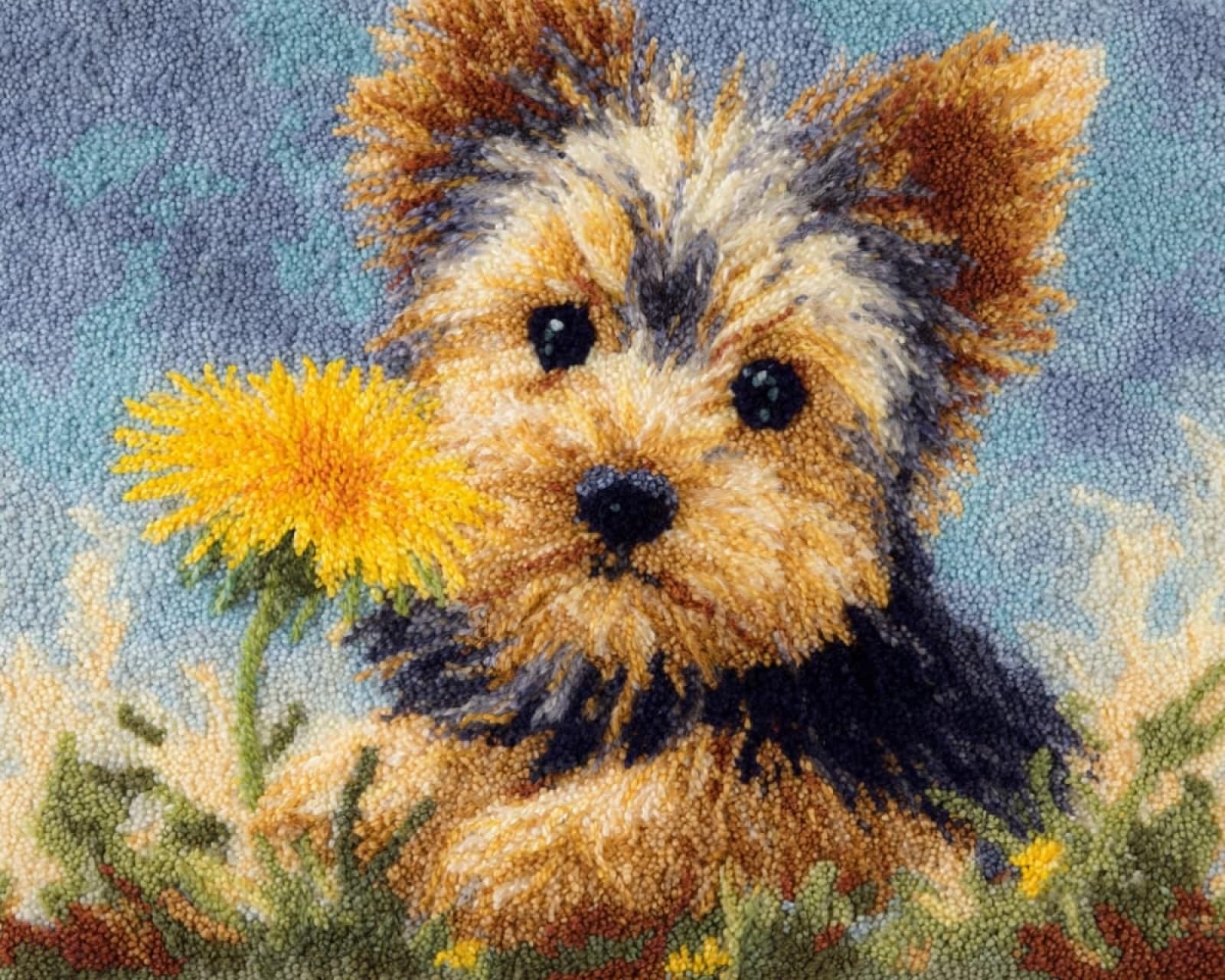 Wallphantom DIY Latch Hook Rug Kit,Yorkshire Terrier and Dandelion,Latch Hook Kits for Adults,Home Carpet Rug Making,Needlework Crafts Rug for Home Decor,60x90cm