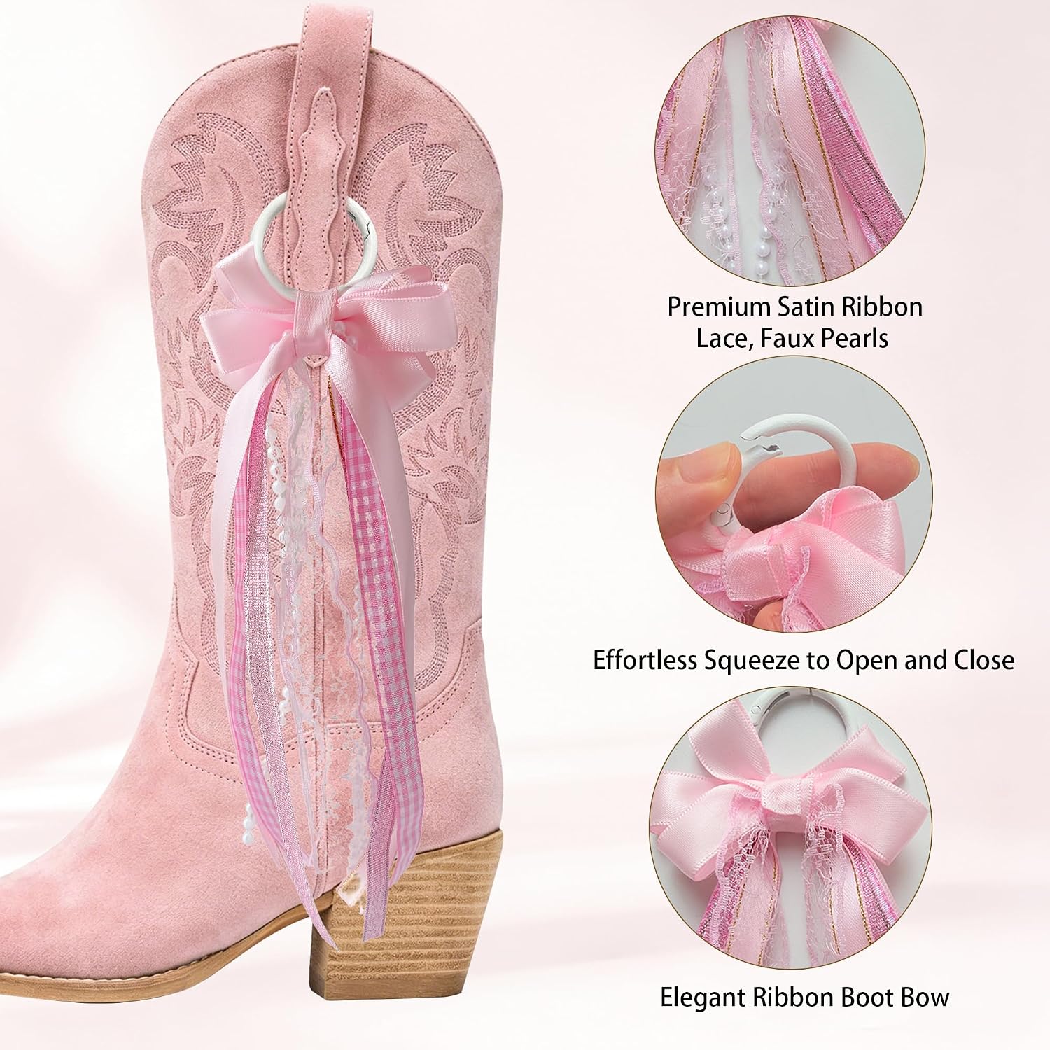 4 Pcs Ribbon Bow Martin Boot Bows, Removable Buffalo Plaid Glitter Lace Boot Bows, Western Cowgirl Boots Accessories for Women Girls Birthday Concert Rodeo Party Decor（Red-Pink）