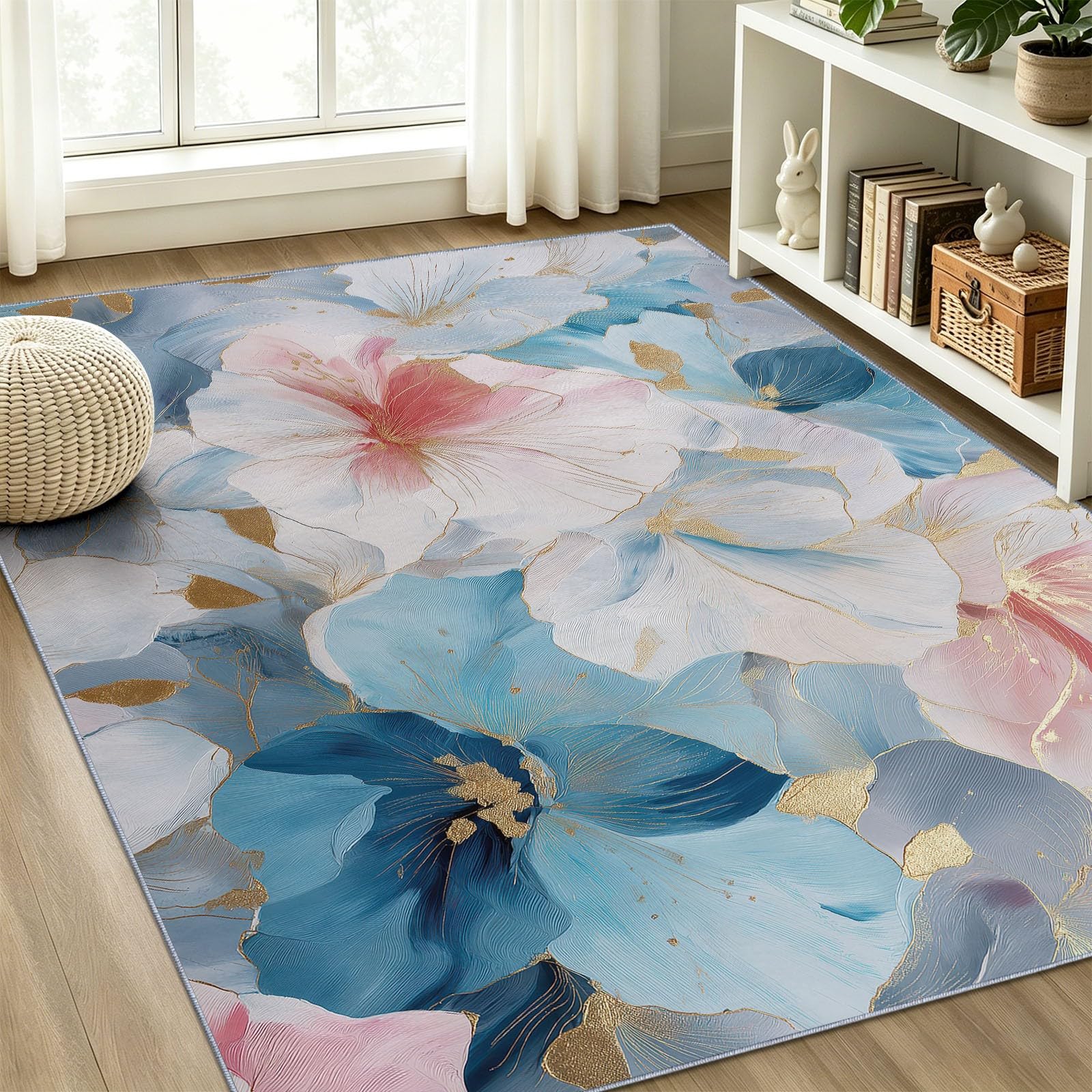 Modern Luxuriös Kinderteppich Aquarell Blumen Blattgold, 180 x 240 cm | waschbar Pflegeleicht rutschfest strapazierfähig hautsympathisch, für Schlafzimmer Wohnzimmer Esszimmer Küchen Büro