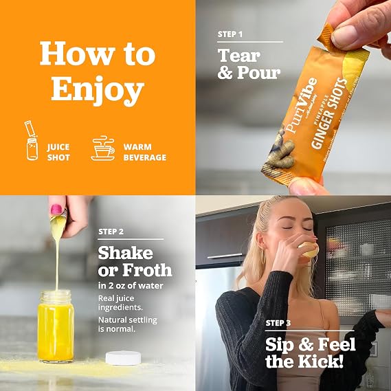 Ginger Shots with Turmeric & Pineapple - Ginger Juice Superfood Powder - Immunity Shots & Wellness Shots for Digestion & Energy Support - 15 Stick Packs - PuriVibe