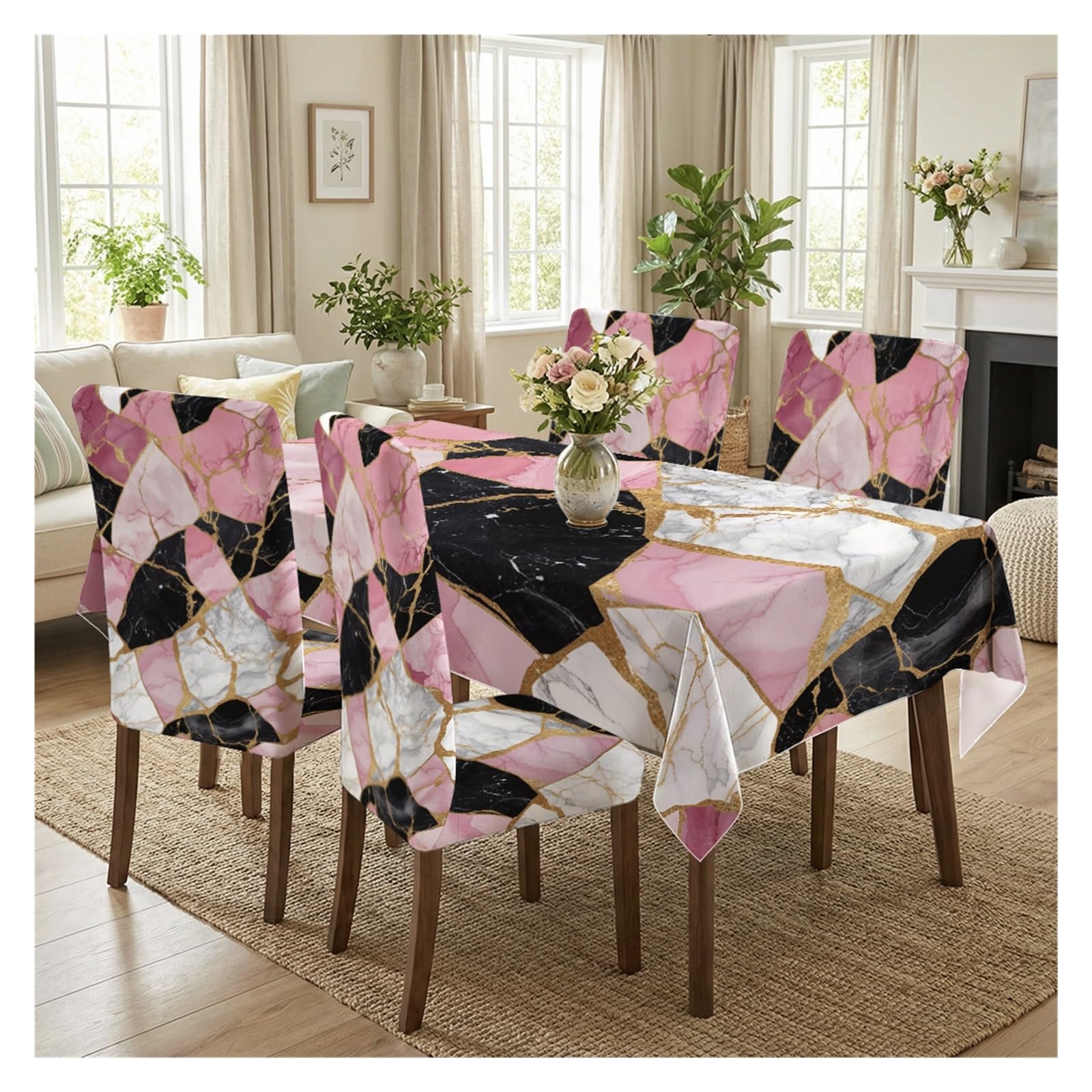 BOSUYBN Stretch Dining Chair Slipcover & Tablecloth Set, Pink Black Gold Marble Print, 5/7 Pack, Dining Kitchen Wedding Party Home Decor Table Setting(5pcs Set: Tablecloth+Chair Covers)