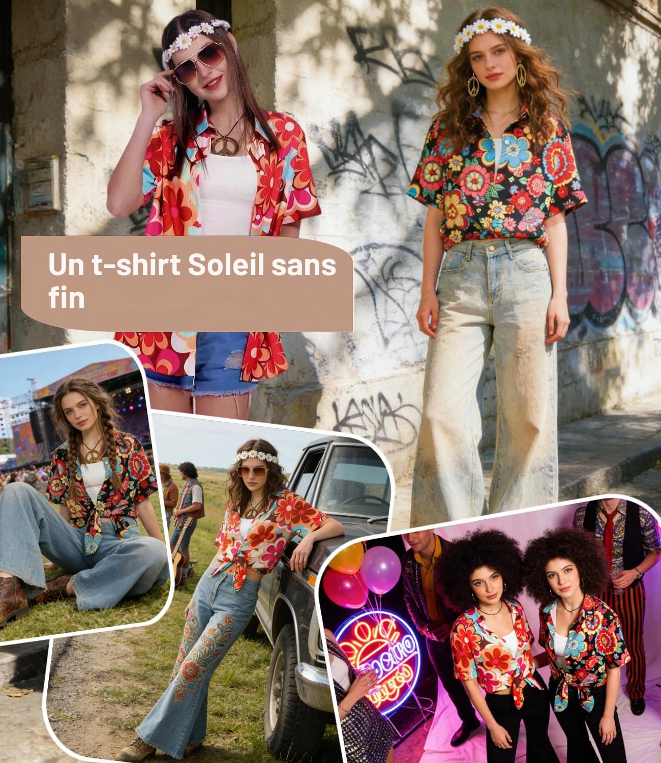 kasahara Costume hippie pour femme, Haut hawaïen, Chemise vintage, Tenue années 80 et 90, Décontracté, Rétro Costume de carnaval