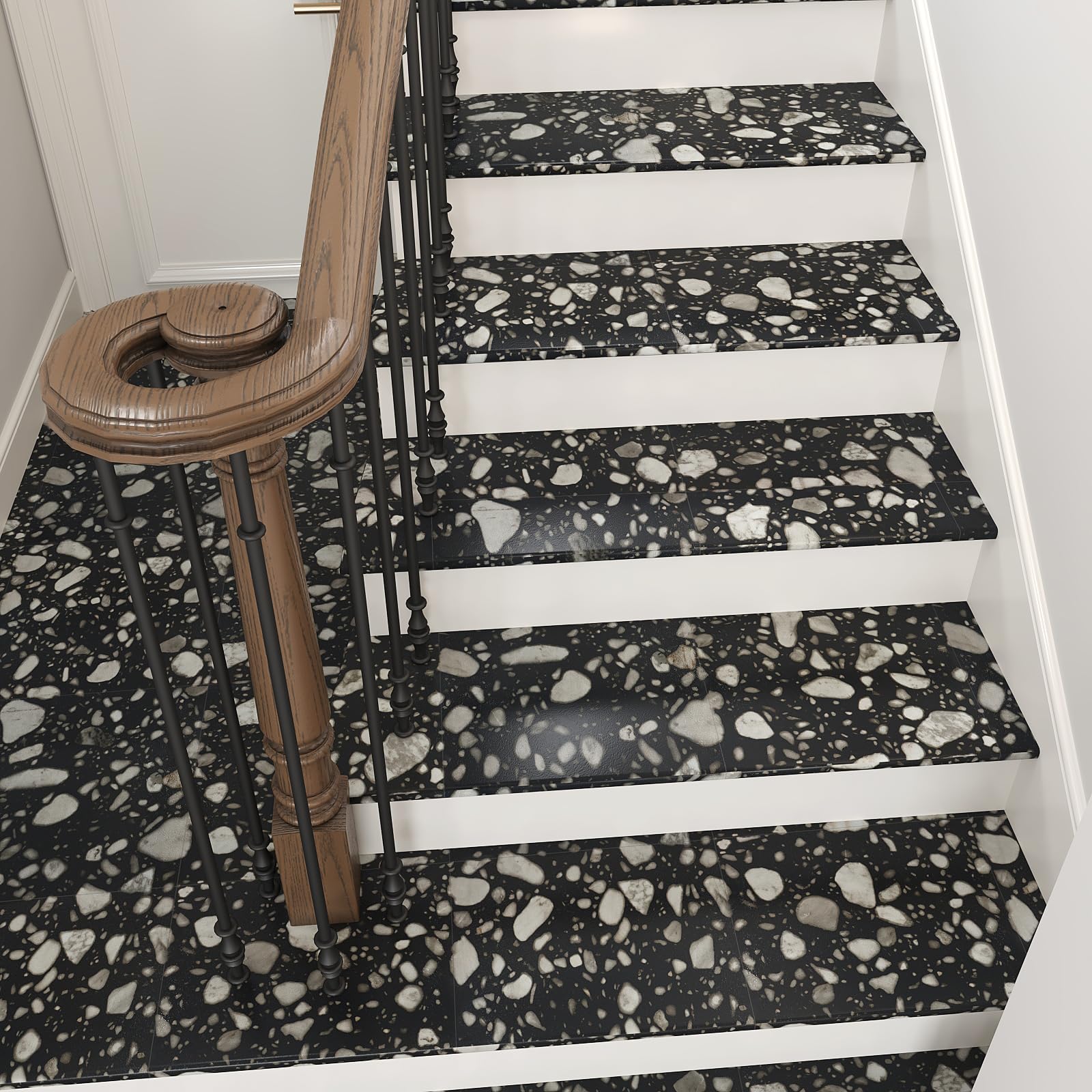 VEELIKE PVC Bodenbelag Terrazzo Schwarz PVC Fliesen Selbstklebend Vinylboden Granit Schwarz Fliesenaufkleber Bodenfliesen Küchen PVC Fliesen Garage Wohnzimmer Schlafzimmer 1.5mm 30cm×30cm 24 Stück