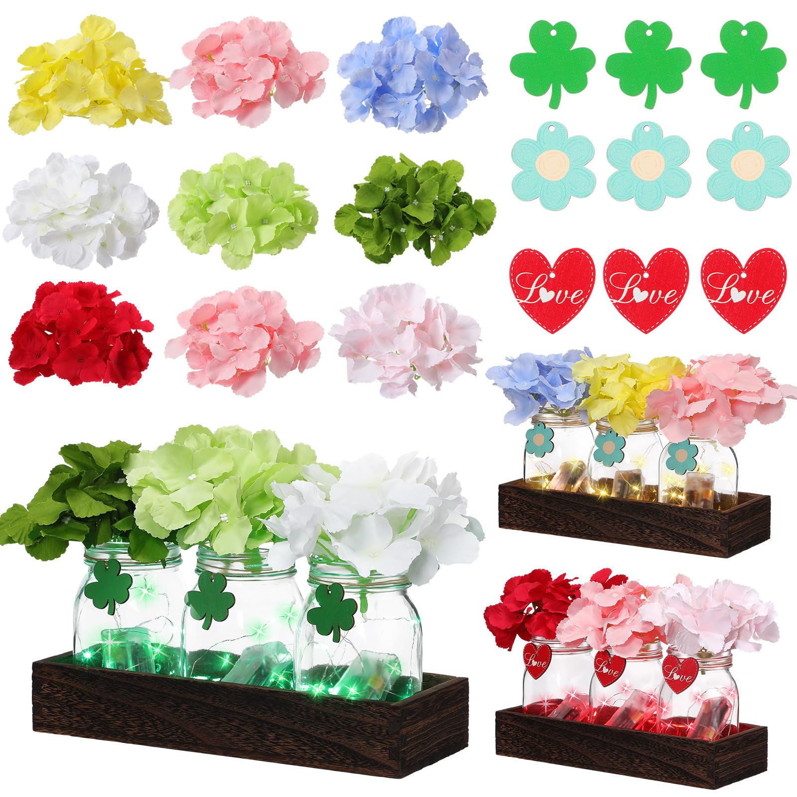Sliner 31 Pcs St Patricks Day Easter Table Decoration Valentine DIY Lighted Mason Jar Table Centerpieces with Wooden Tray for Farmhouse Rustic Tray St Patricks Day Decor
