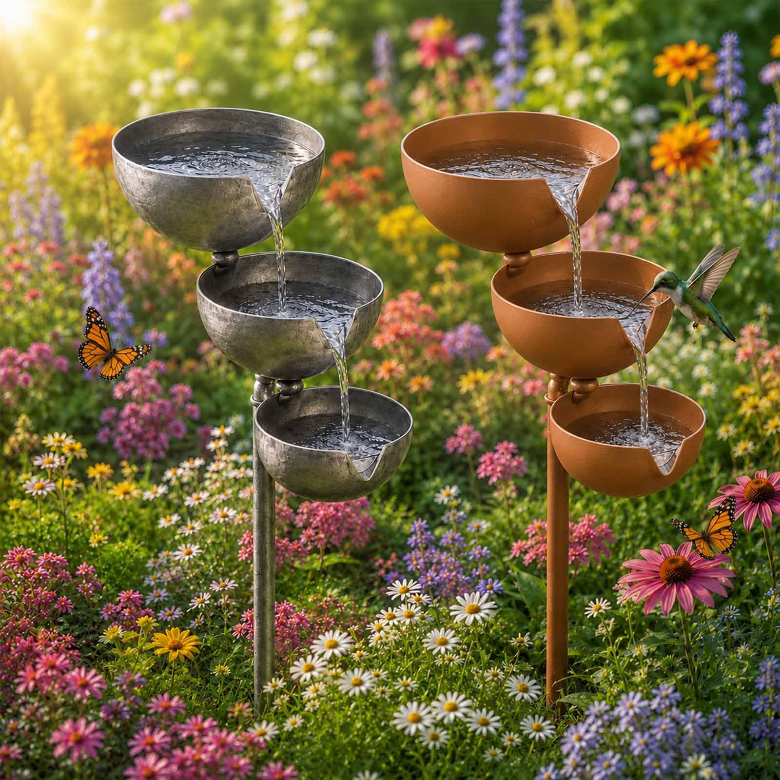 Rain Catcher Bird Bath Tiered - Bring Life Back to Your Garden, 3-Layer Self Filling Bird Bath Stake for Hummingbird Butterfly & Bee, Vintage Watering Station, for Garden Lawn Yard (2pcs) — image 1