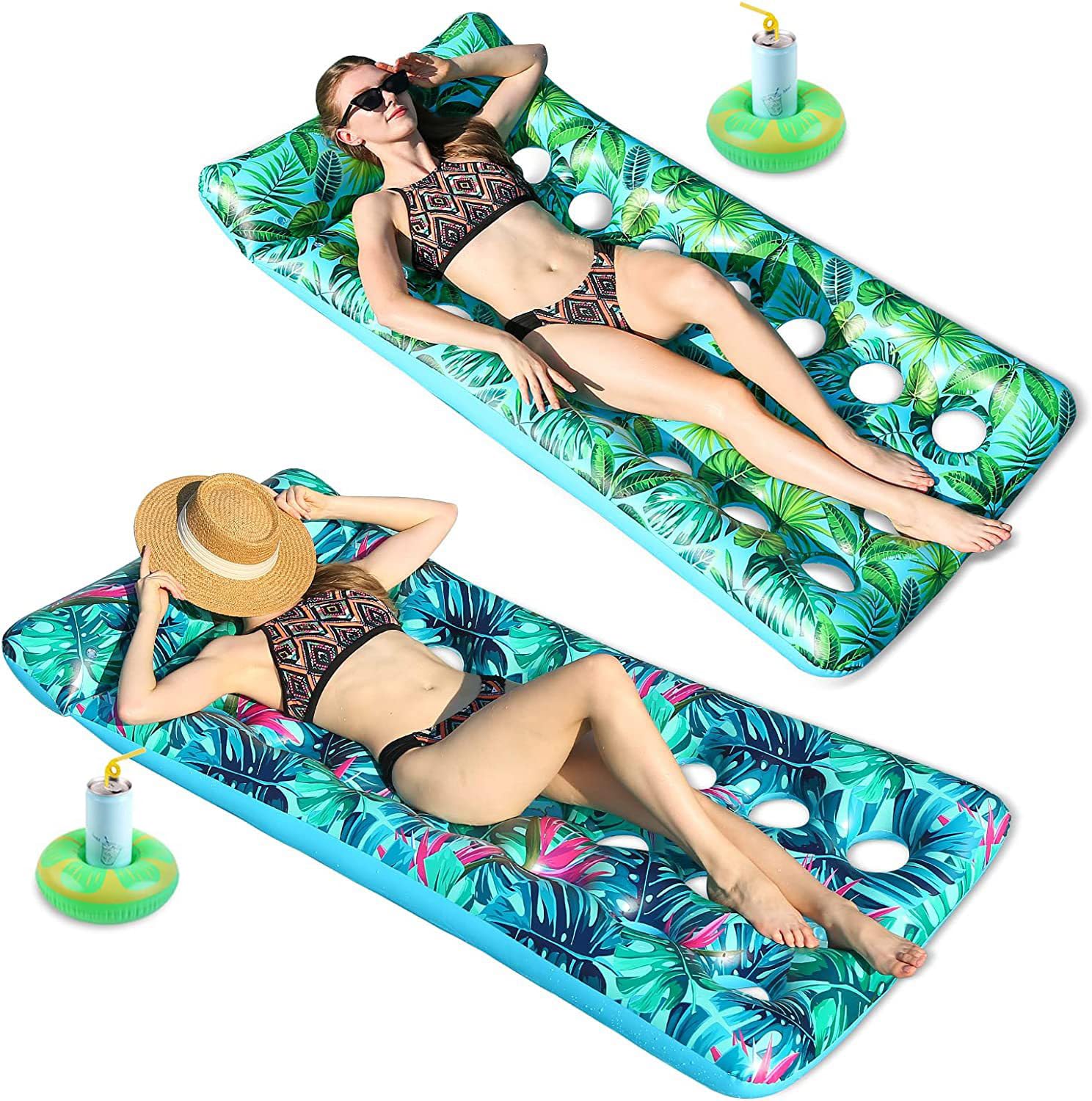 SOOFAM Inflatable Pool Float Lounge,Large Pool Float Raft with Inflatable Drink Holders for Adults,Oversized Cooling Pool Floaties Sun Tanning Floating Mat,for Vacation Lake Summer Party