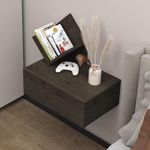 Pmnianhua Mesita de noche flotante con cajón, mesita de noche montada en la pared, mesa auxiliar de madera rústica, mesas laterales modernas con