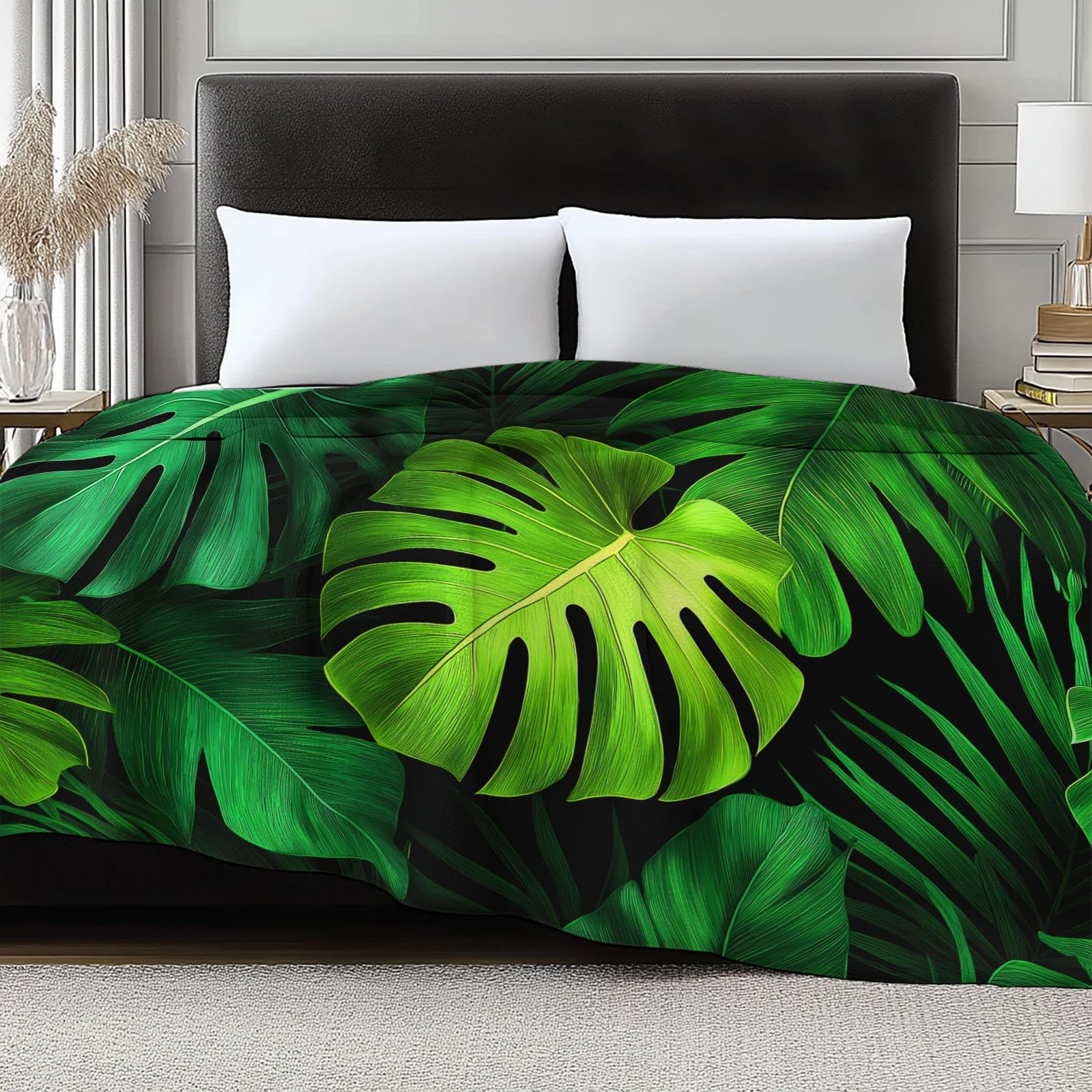 Puszysty koc flanelowy, narzuta na sofę, łóżko, krzesło, miękka tropikalna pościel z liści monstery, 221 x 239 cm, dekoracyjny, ultramiękki koc na łóżko dla dzieci, nastolatków, dorosłych, 220 x 240