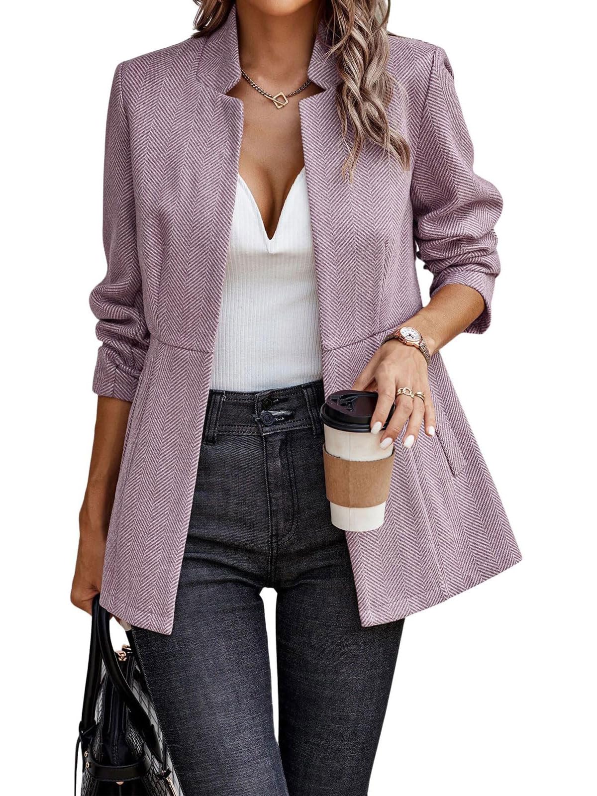 Womens Business Coat Open Front Blazer Long Sleeve Notch Stand Collar Work Office Dressy Jacket-image-44