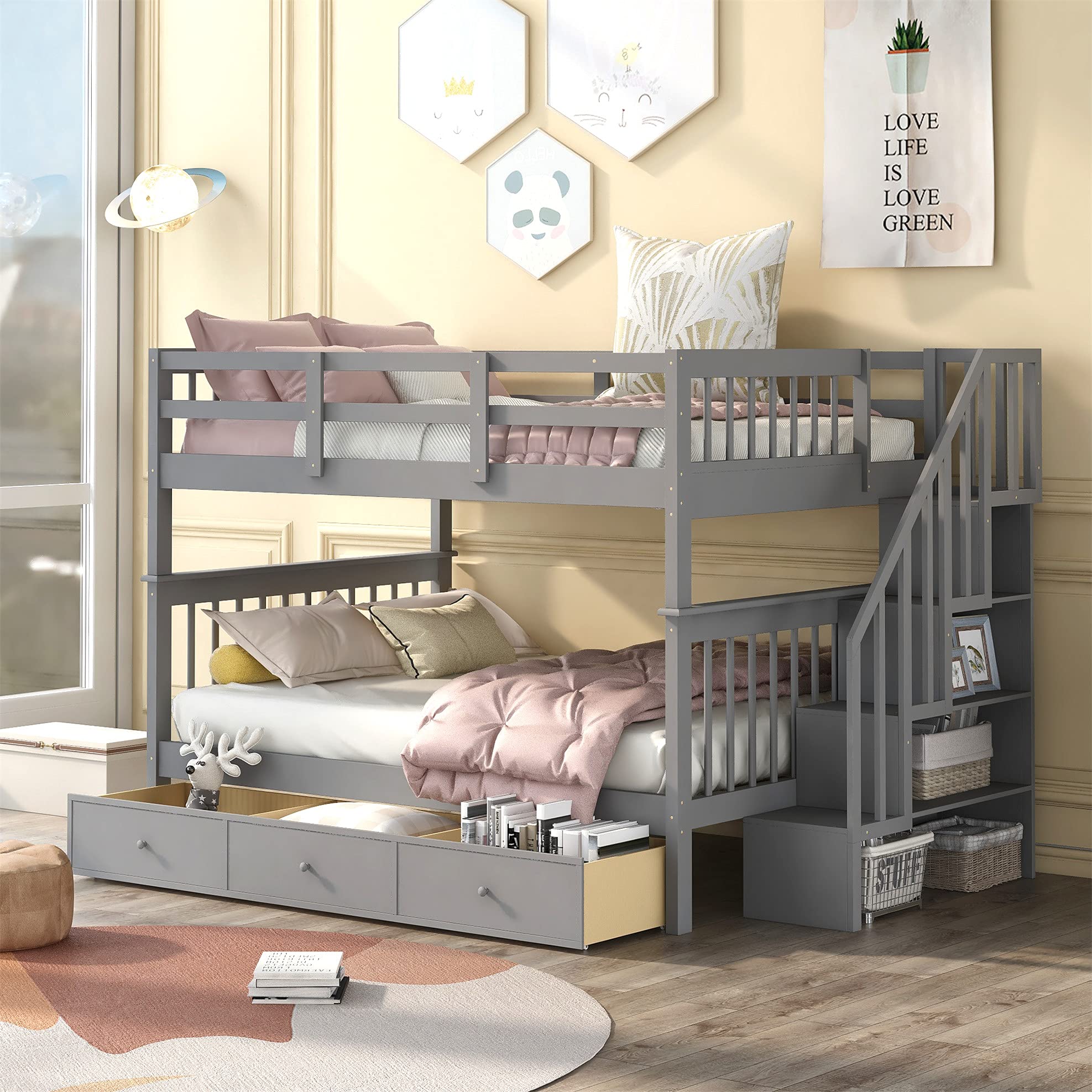 Buy Full Over Full Bunk Bed with Stairs, Solid Wood Bunk Bed with