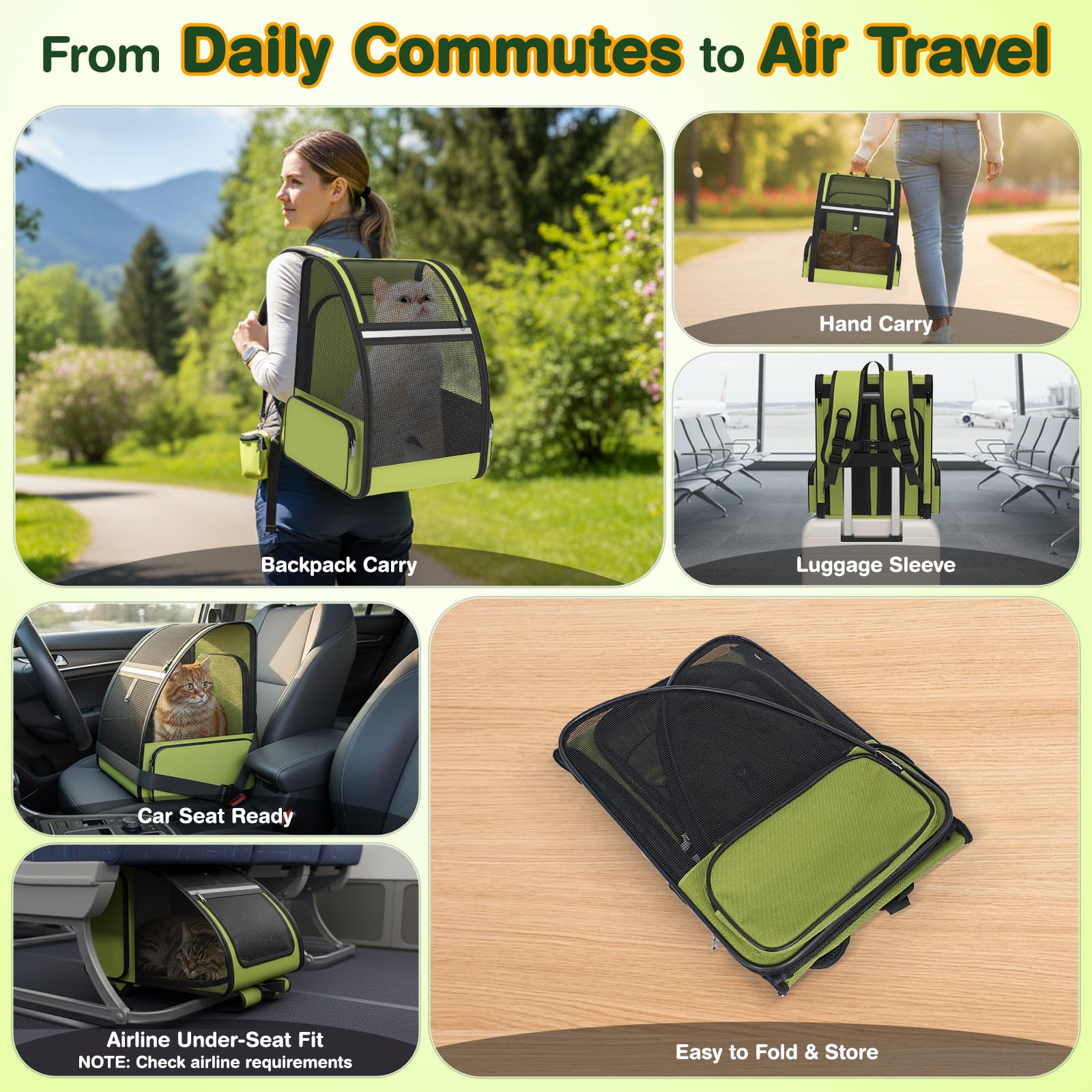 Sac à dos de transport pour chat pour voyage et randonnée : extensible, pliable, respirant, maille douce, design ergonomique pour petit chien, chiot et chaton jusqu'à 6,8 kg, vert