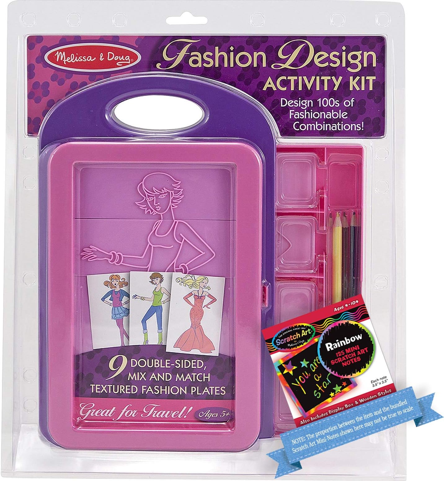 Melissa & Doug Fashion Design Activity Kit w/ 9 Double Sided Textured Fashion Plates & 1 Scratch Art Mini-Pad Bundle (04312)