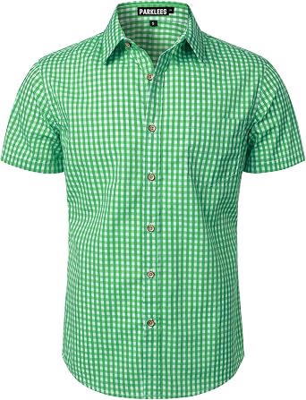 PARKLEES Mens Casual Plaid Button Down Shirt Cotton Short Sleeve Gingham Dress Shirts Regular Fit with Pocket