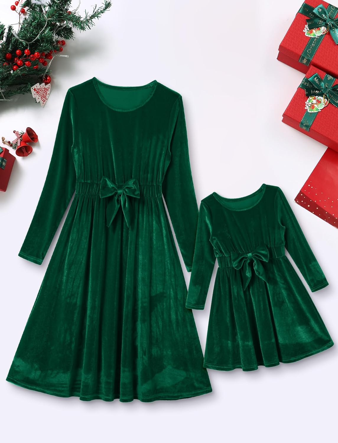 AWIBMK Mommy and Me Dresses Long Sleeve Solid Color Christmas Velvet Ruffle Dress Xmas Holiday Party Family Matching Outfits - Image 3