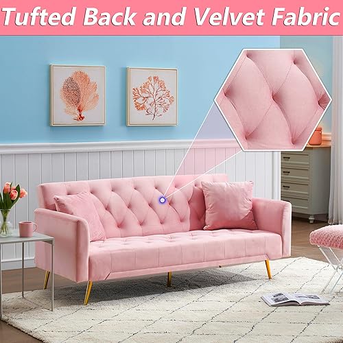 Miniatura 3 de Majnesvon Sofá cama tipo futón rosa de 71 pulgadas tela de terciopelo de espuma viscoelástica, 2 almohadas de pies de metal dorado, respaldo