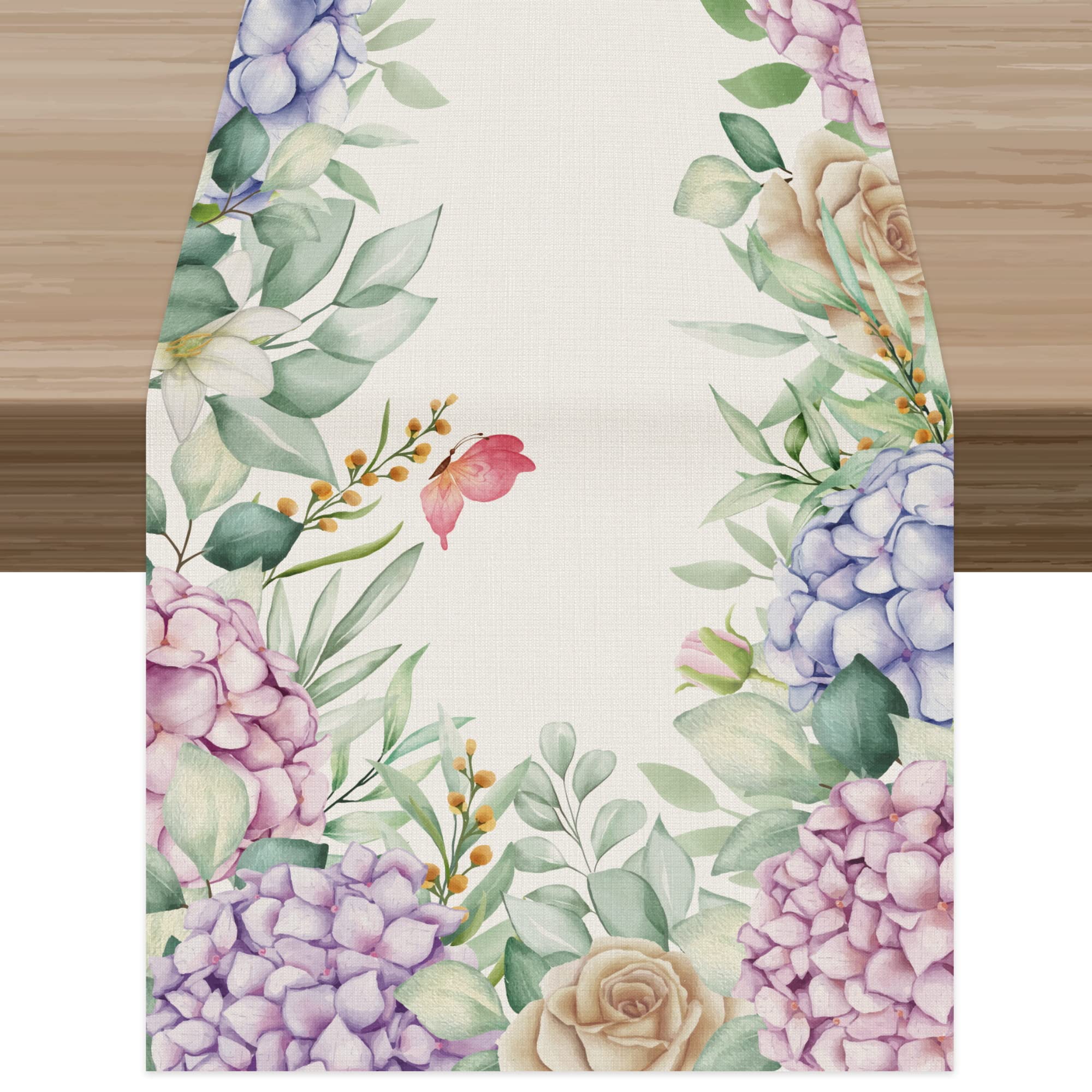 Celepaty Butterfly Pink Blue Hydrangea Floral Easter Table Runner, 13 x 72 Inch Spring Summer Seasonal Holiday Kitchen Dining Table Décor for Indoor Outdoor Home Party