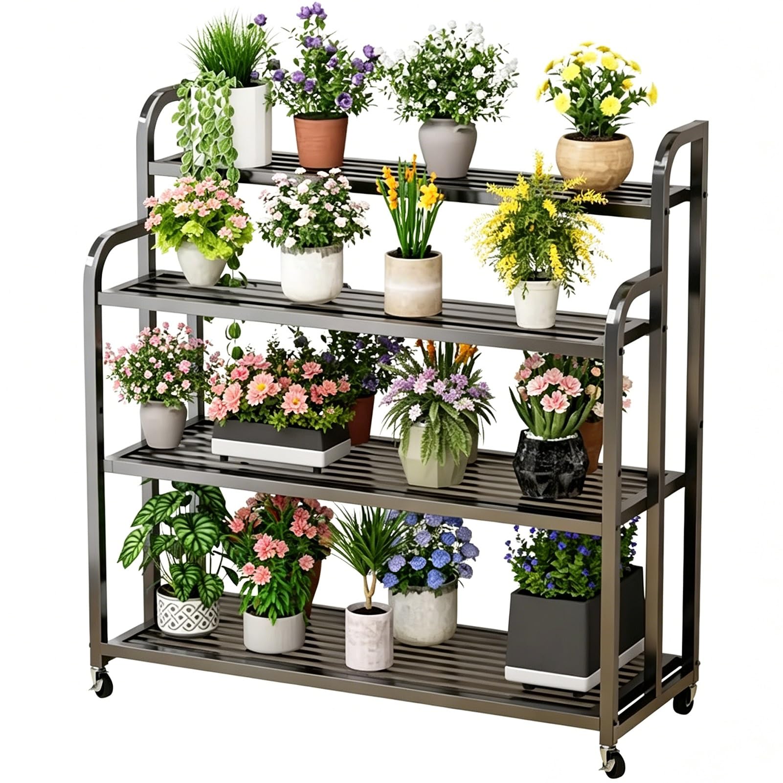 DMCHENGMA Plant Stand Indoor, 4 Tier Tall Plant Shelf with Wheels and Brakes, Flower Stands Metal Plant Holder Iron Flower Rack for Potted Garden Plants Shelves - Black(120x40x120cm)