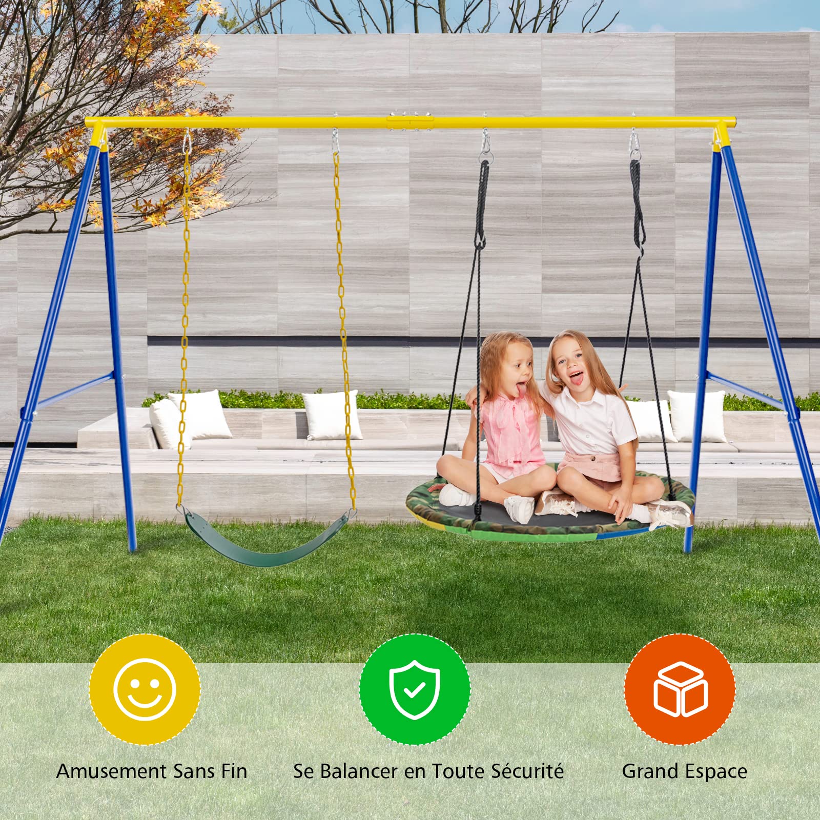GOPLUS - Pórtico de Columpio Exterior para Nido de Pájaros, Marco de 2 Plazas (300 kg) para Adultos y Niños (Amarillo, sin Columpio)