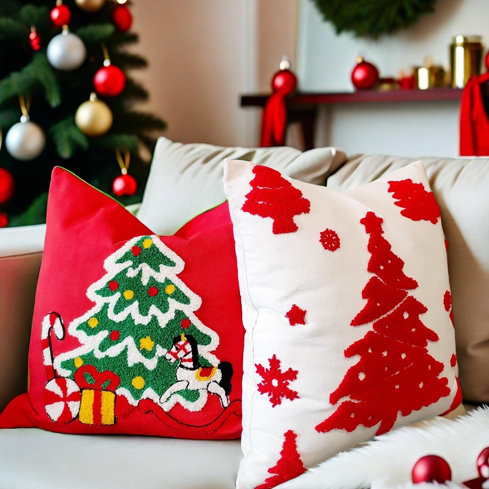 Set di 2 federe per cuscini ricamate con alberi di Natale, per divano, 45 x 45 cm, decorazione natalizia per la casa (rosso)