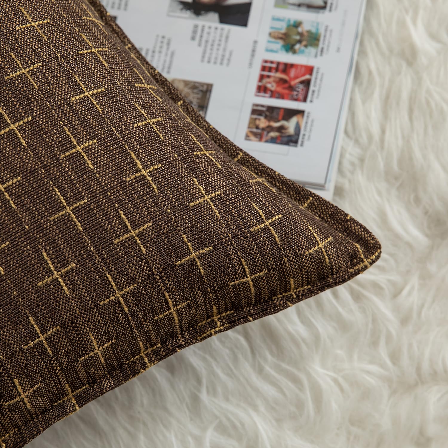 Mandioo Pack of 2 Burlap Linen Cushion Covers Woven Textured Modern Farmhouse Throw Pillow Cases Decorative Couch Sofa Bed Living Room 24 x 24 Inch 60x60 cm Deep brown - Image 2