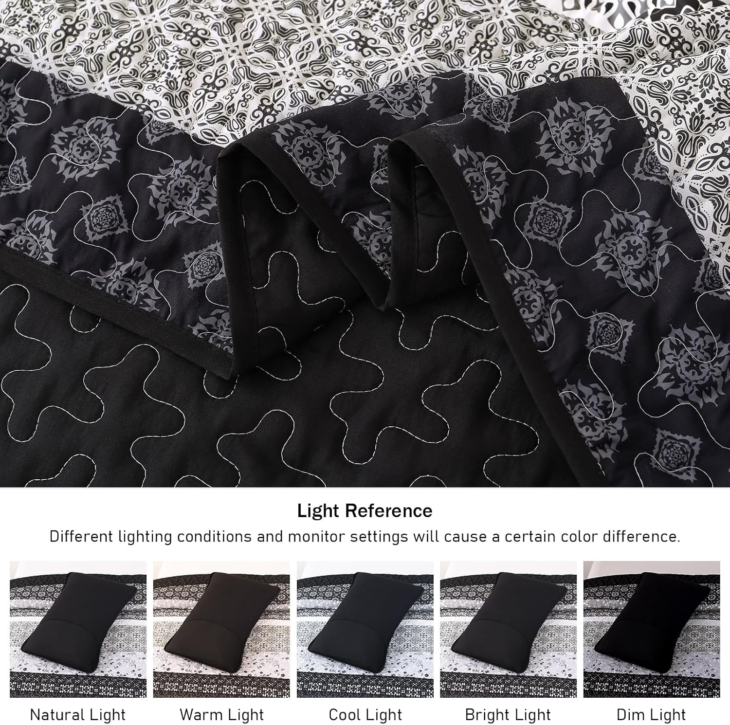 WONGS BEDDING Boho Quilt Set King, Bohemian Black Striped Patchwork Bedspread Coverlet Set with 2 Pillowcases,Lightweight Microfiber Floral Bedding Set 104"×90" - Image 6