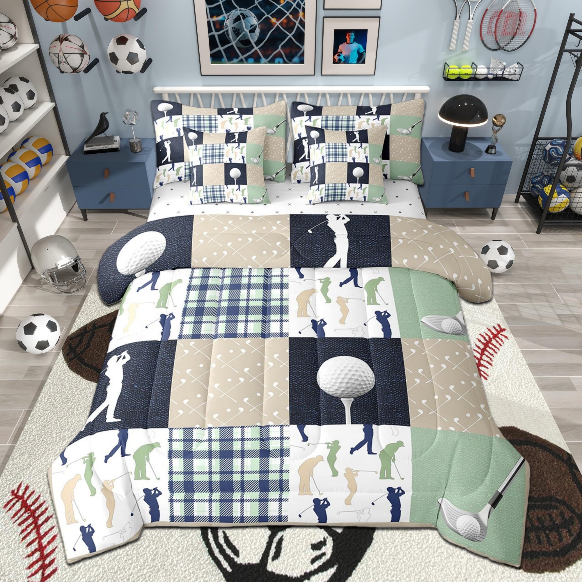 Castle Fairy Golf Plaid Kids Comforter Set 7 Piece Queen Size,Ball Sports Lover Style Checkered Reversible Quilt Set,Green Buffalo Grid Geometric
