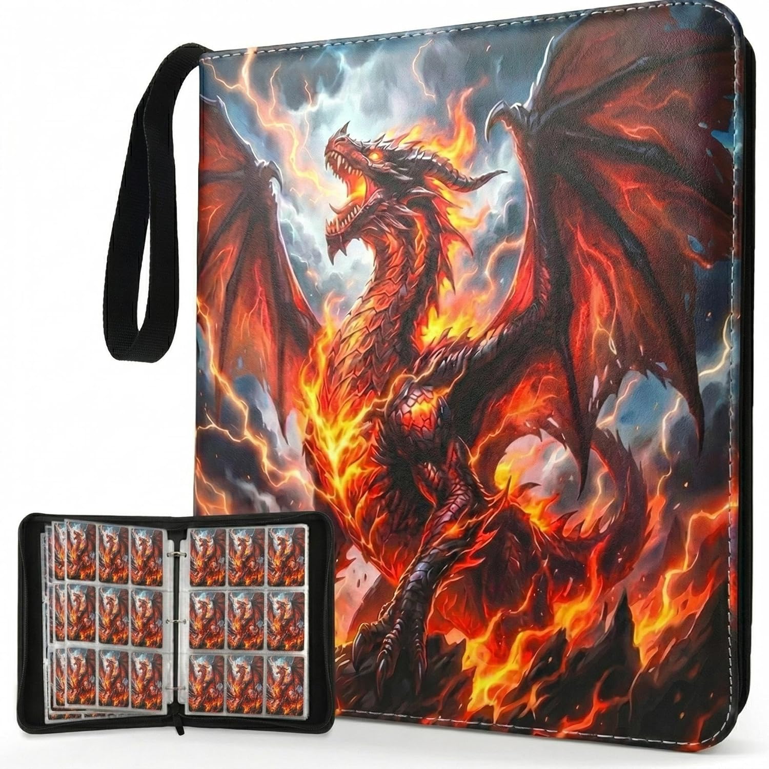 Trading Card Binder 9 Pocket, Red Fire Dragon Card Binder Holds 900 Cards with 50 Removable Sleeves, Waterproof PU Leather Zipper Card Collector Album Book Compatible with TCG/Sports/Baseball Cards