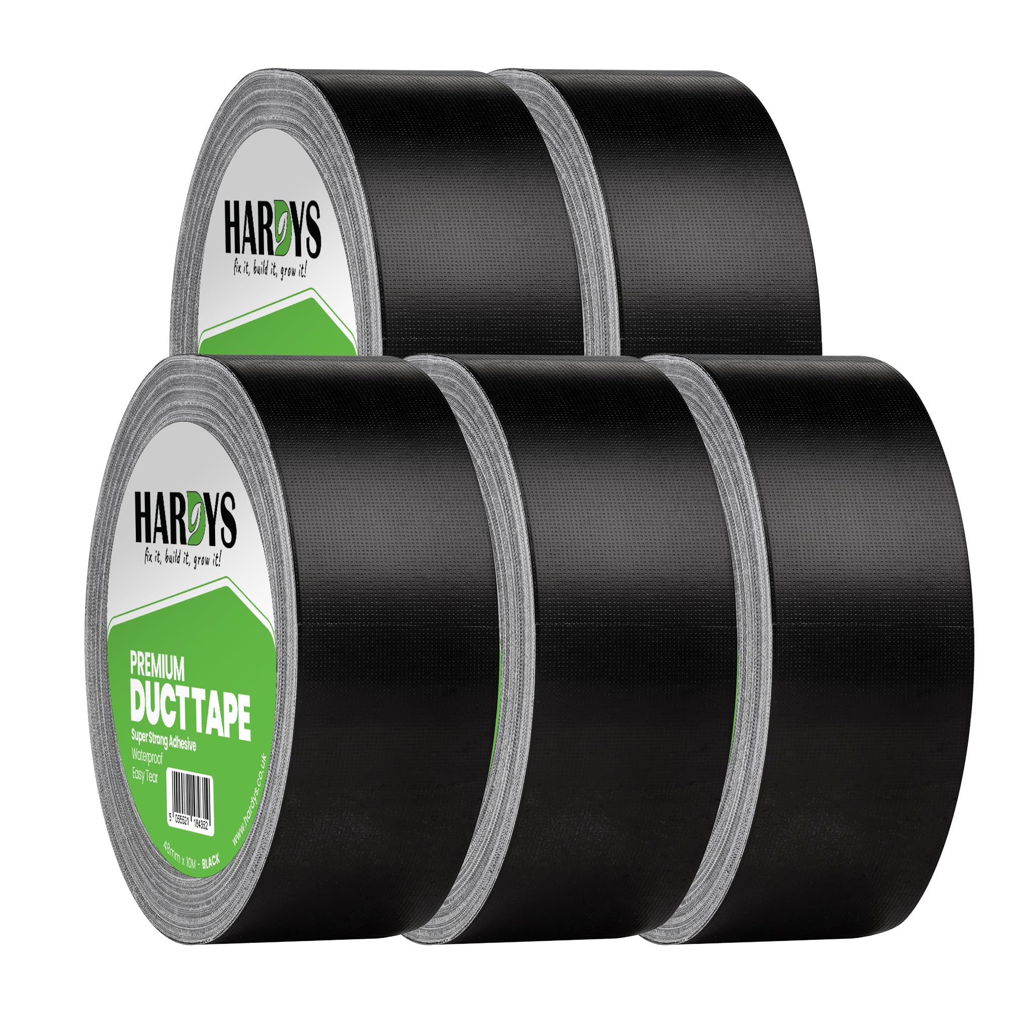 Hardys Black Duct Tape, 48mm x 10m (Pack of 5) | Waterproof Gaffer Tape for Electrical, Plumbing, Indoor & Outdoor Use | 220um Heavy Duty Thickness, Extra-Strong Adhesive