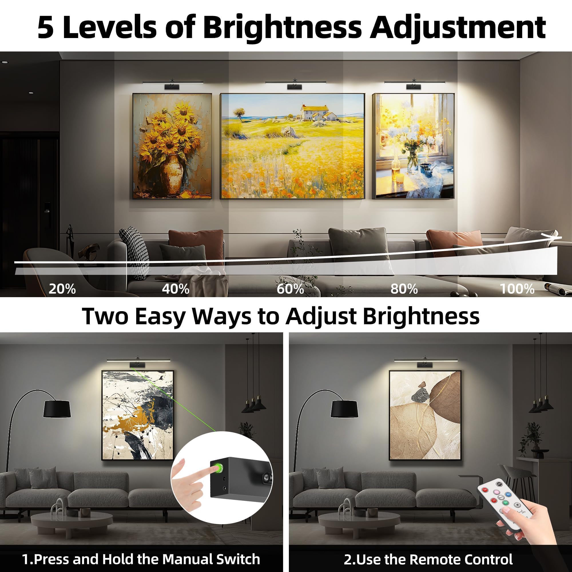 Confezione da 4 luci per parete, illuminazione artistica da 58,4 cm per dipinti senza fili, batteria ricaricabile da 6400 mAh, con telecomando dimmerabile e timer per opere d'arte, galleria, cornici