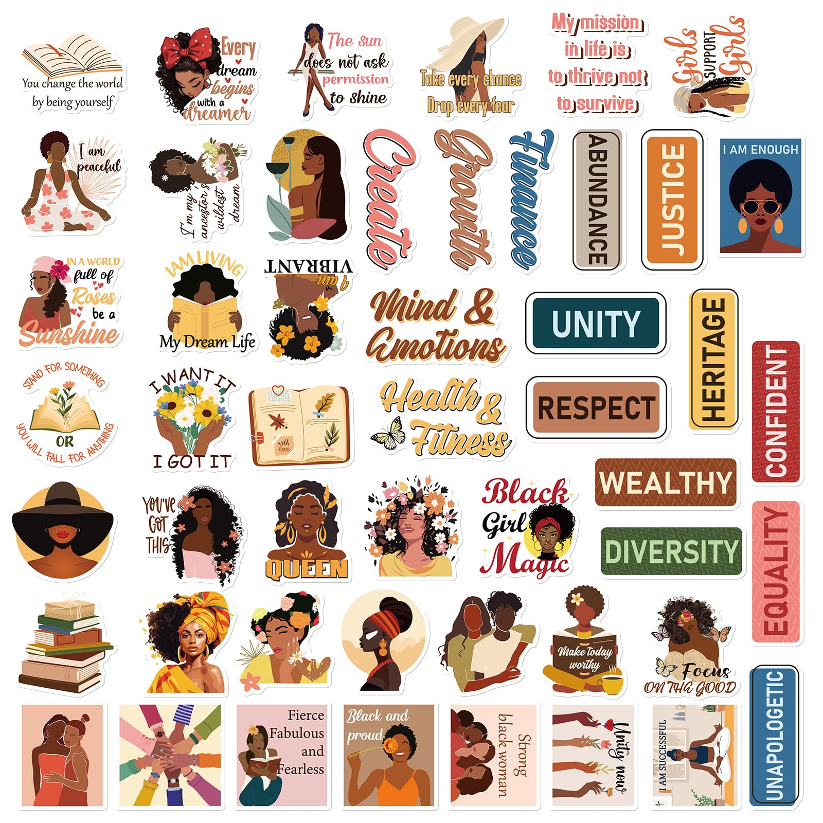 AFRITEE Black Girls Bulk Stickers - 50 Pcs Inspirational Quotes Vision Board Supplies for Women, Confident Equality Proud Vinyl Waterproof Decals DIY Diary Wish Suitcase Decoration Gift for Girl