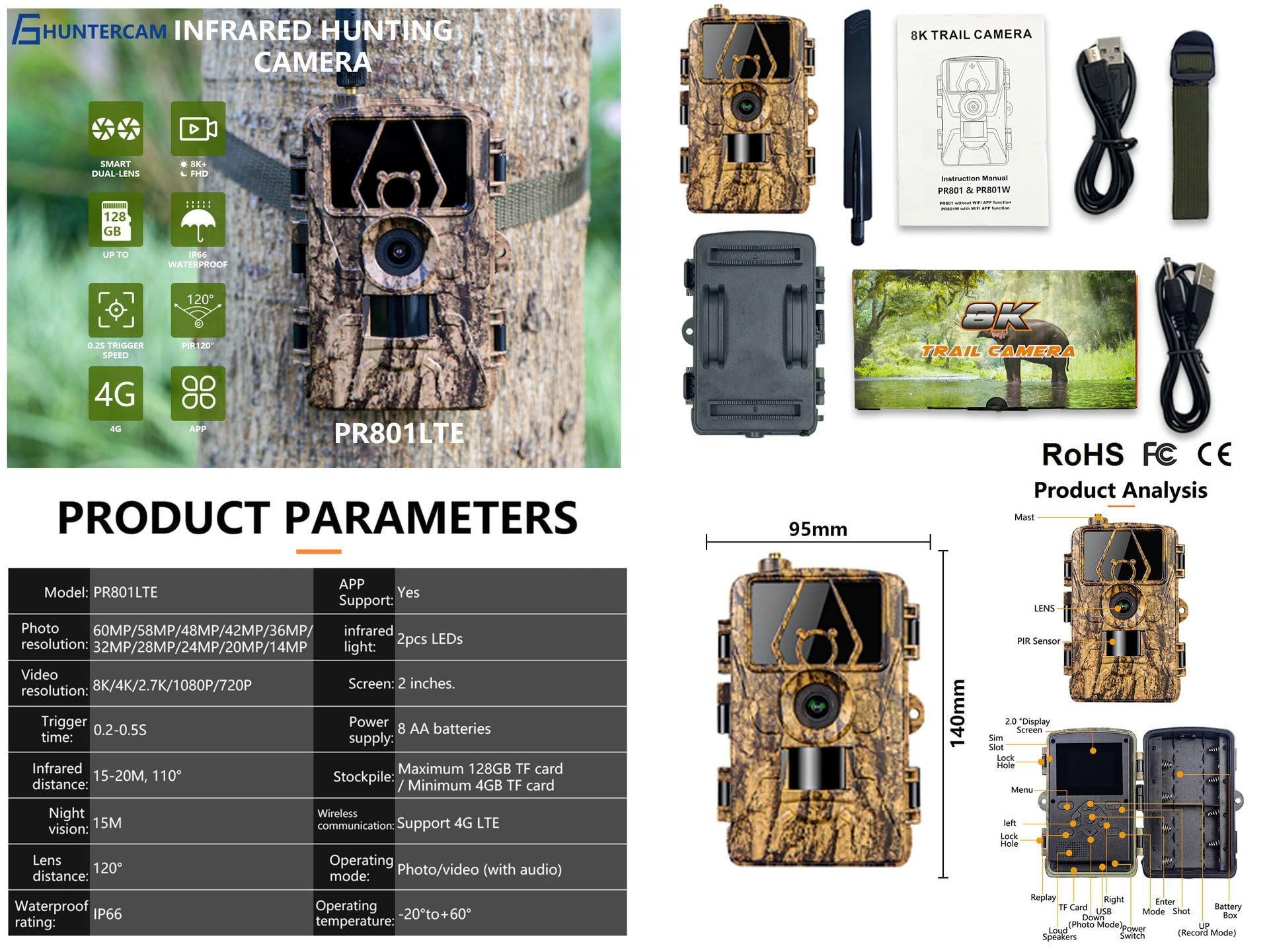 Cámara de Caza 4G LTE con App y Tarjeta SIM, 8K 60MP Camara Fototrampeo, Camara Caza Nocturna con IR Invisible, Sensor 0.2s de Tiempo Activación, IP66 Prueba de Agua para Monitoreo de Vida Silvestre