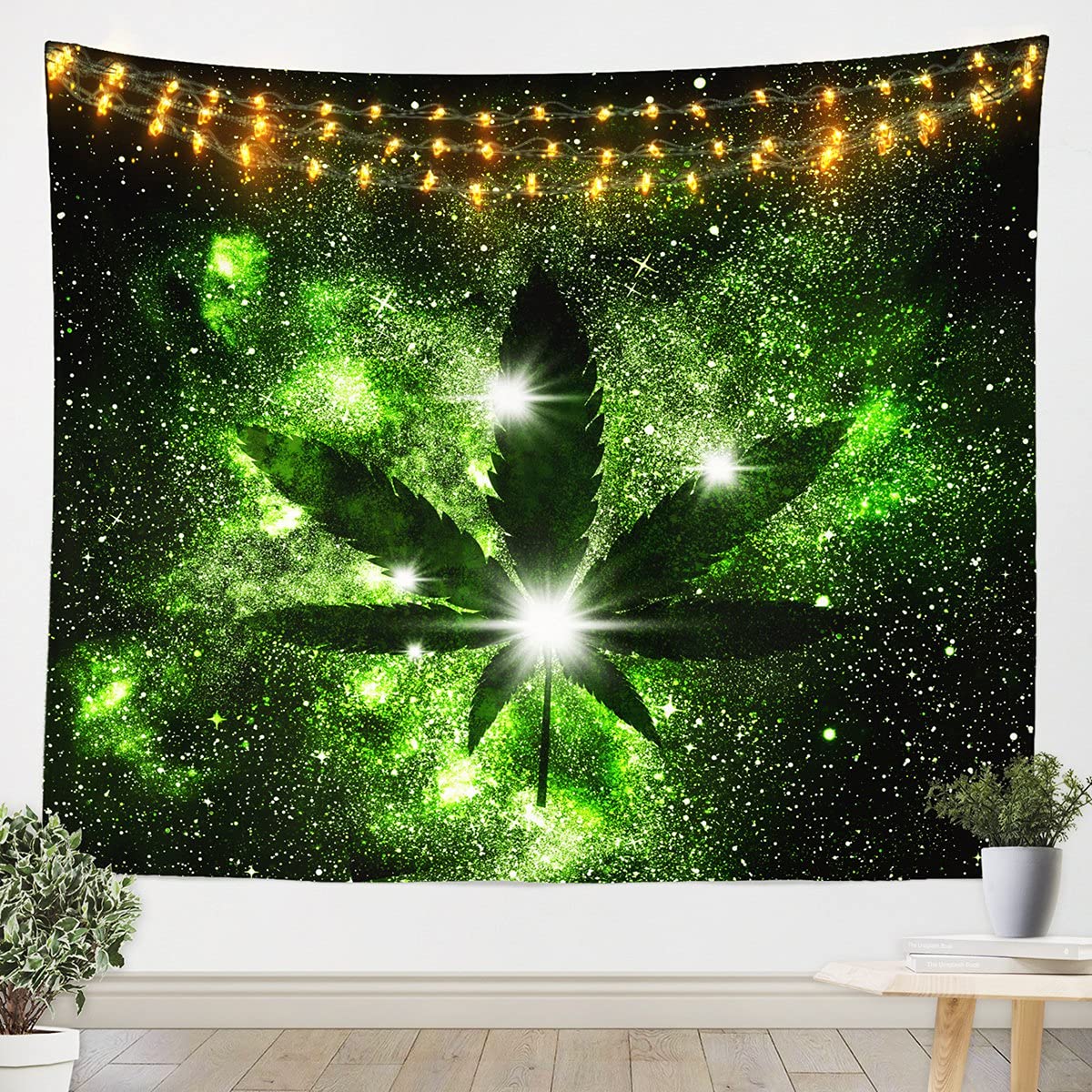 Galaxy Leaf Tapestry Marijuana Weed Leaf Tapestry Wall Hanging Kids Boys Girls Outer Cannabis Leaves Decor Wall Tapestry Glitter Green University Wall Art for Bedroom Living Room,XLarge 69x91 Inch