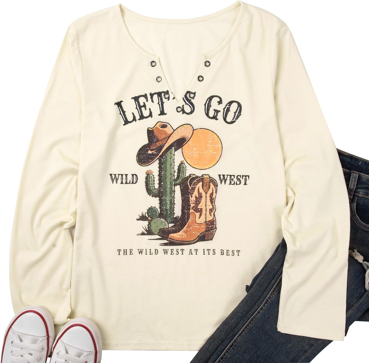 Western Country Shirts for Women Cowgirl Cartoon Boots Graphic T Shirts Notched V Neck Long Sleeve Casual Tee Tops - Image 6