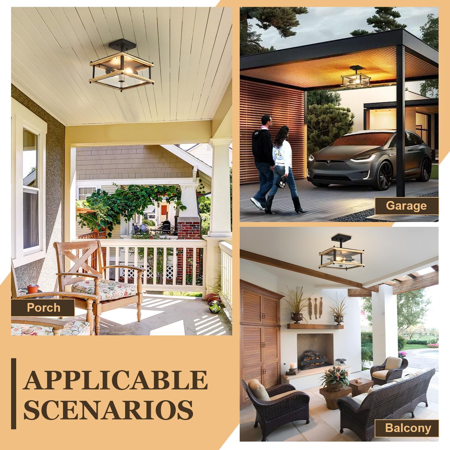 2-Light Farmhouse Motion Sensor Outdoor Ceiling Light Square Metal Frame Wood Grain Flush Mount, Industrial Exterior Porch Light Fixture with Clear Glass for Balcony Hallway Garage Entryway