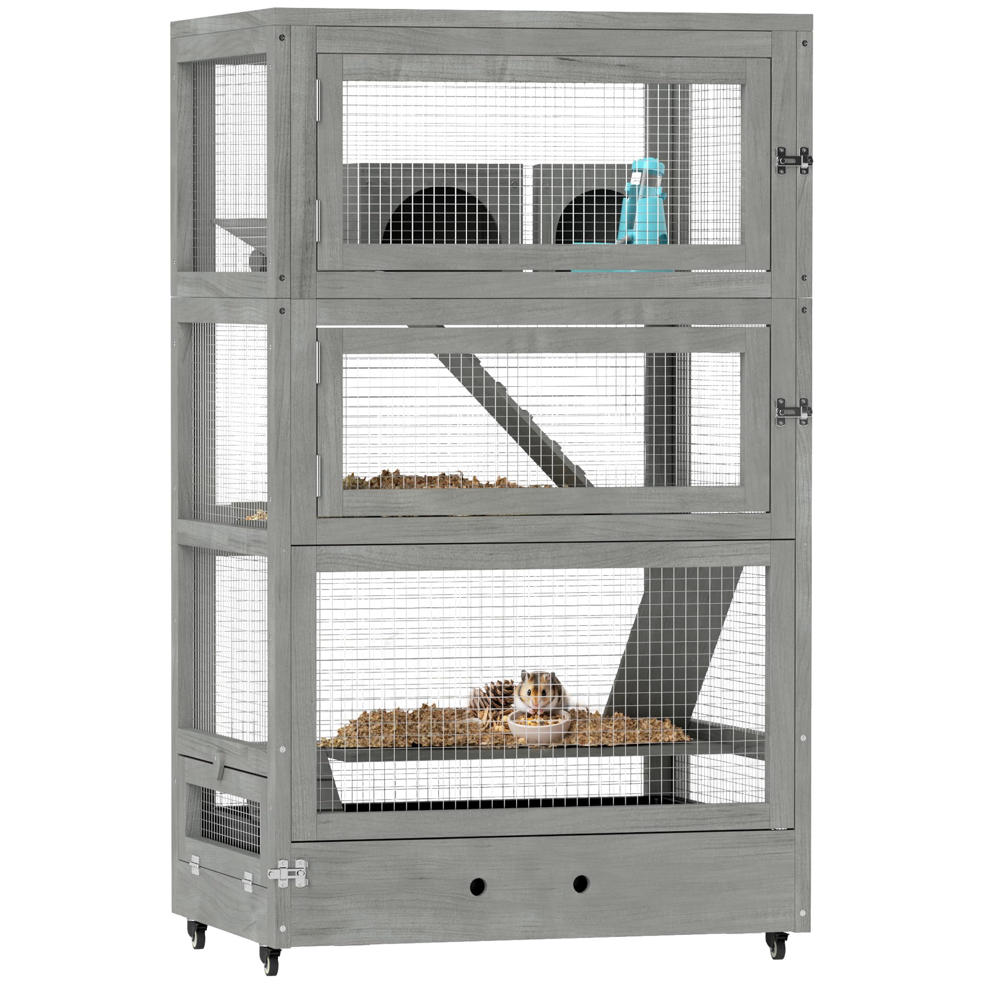 PawHut Jaula de Madera para hámster Enano, 65 x 45 x 109 cm Jaula para roedores con conejeras, balancín, Paleta, comederos, Jaula para Animales pequeños de 4 Niveles con Cerradura, rampas, Ruedas,