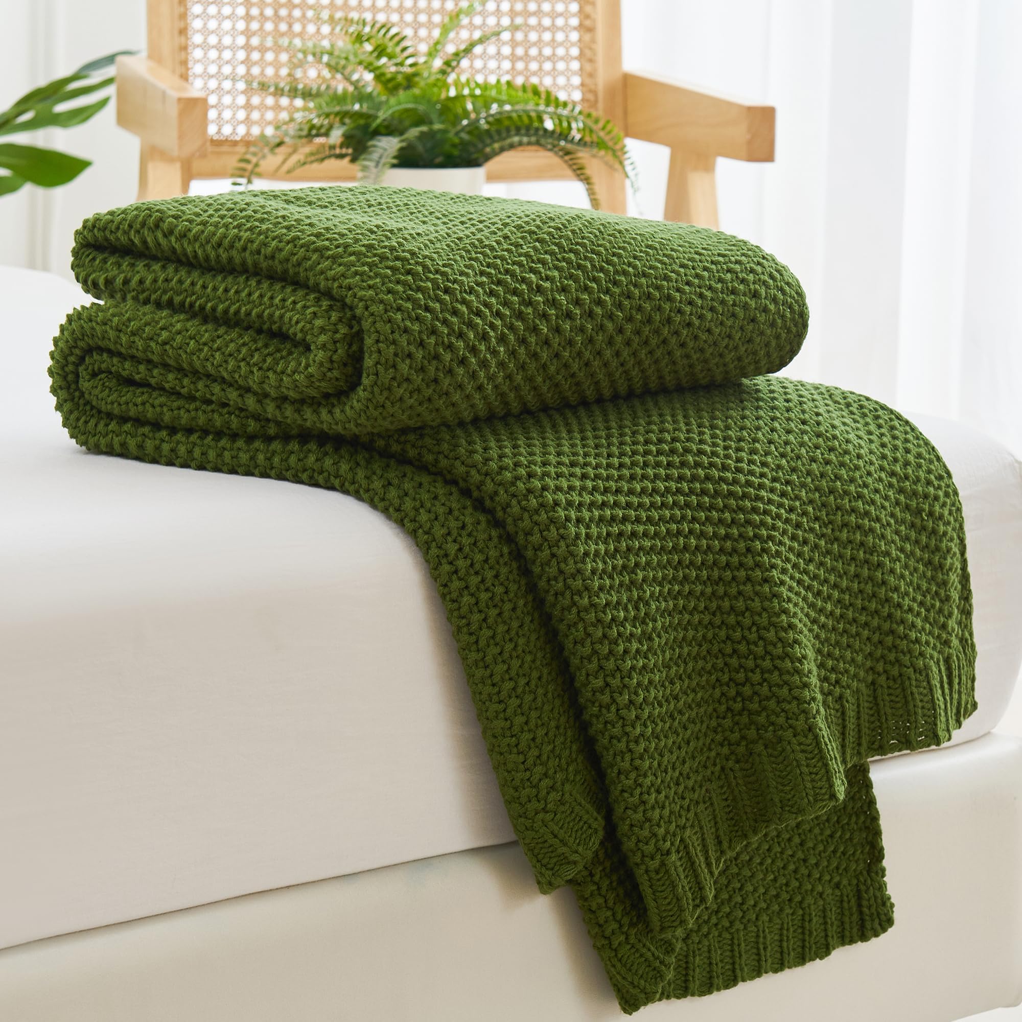 AganearKnit Throw Blanket for Couch, Cable Knitted Throw Blanket for All Seasons, Soft Cozy Lightweight Knit Blanket for Living Room Bed Office Travel Boho Decor (50"x60", Olive Green)