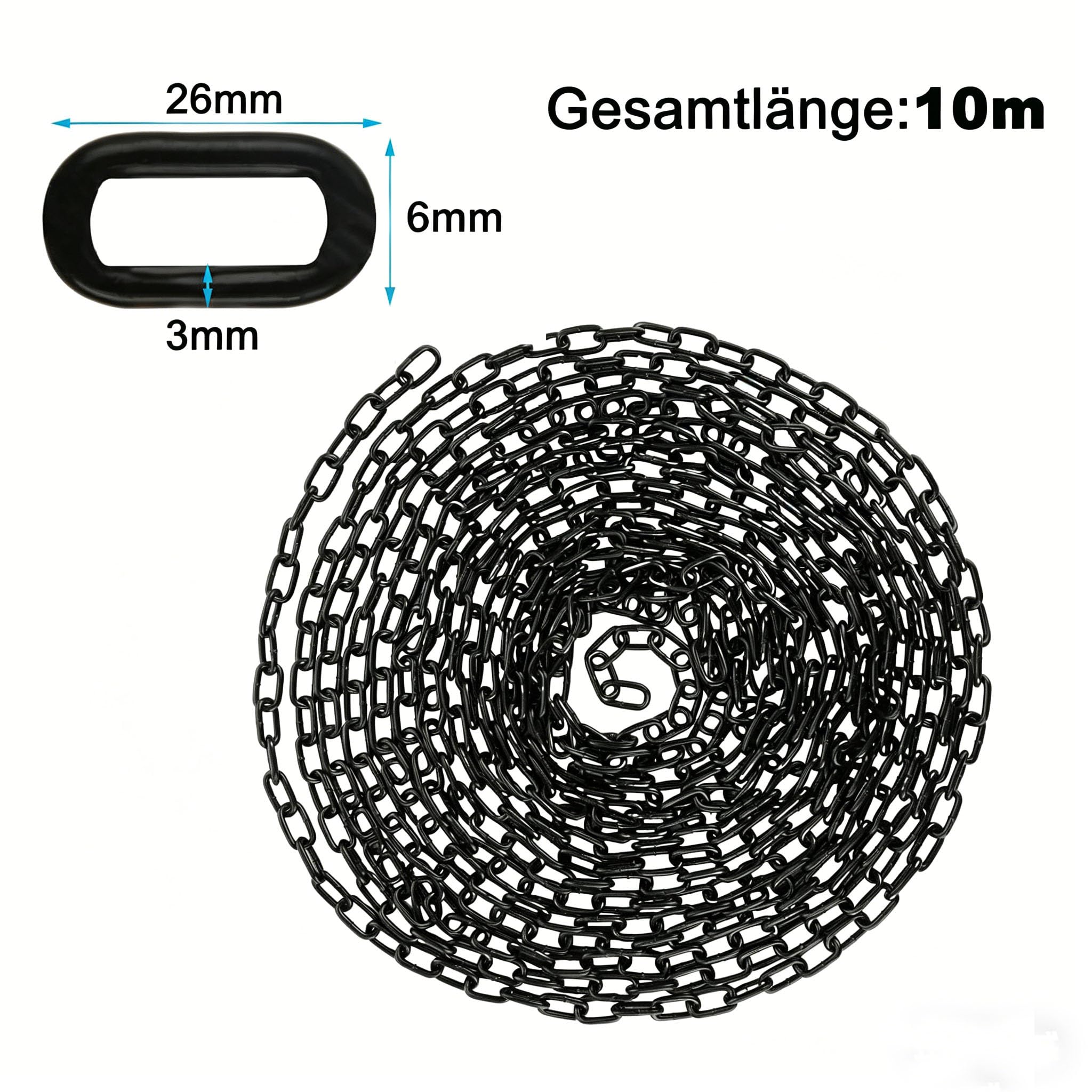 Kette Schwarz 10m 3mm, Sicherheitskette zum Aufhängen von Zäunen, Schaukelkette, Kette Hängesessel, Lampenkette, Hundekette, Schwenkkette, Trocknen der Wäschekette Verzinkte Eisenkette