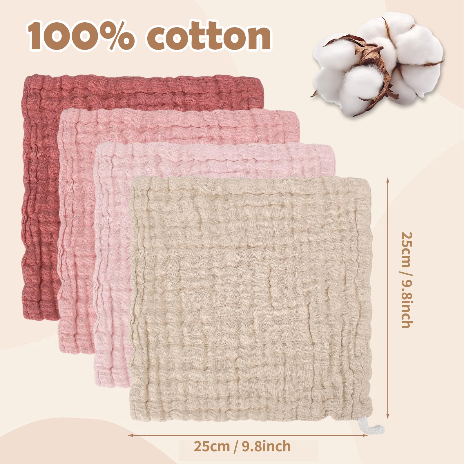 8 Pack Muslin Cloths for Baby 6 Layer Baby Muslin Cloths 25x25cm - Image 2
