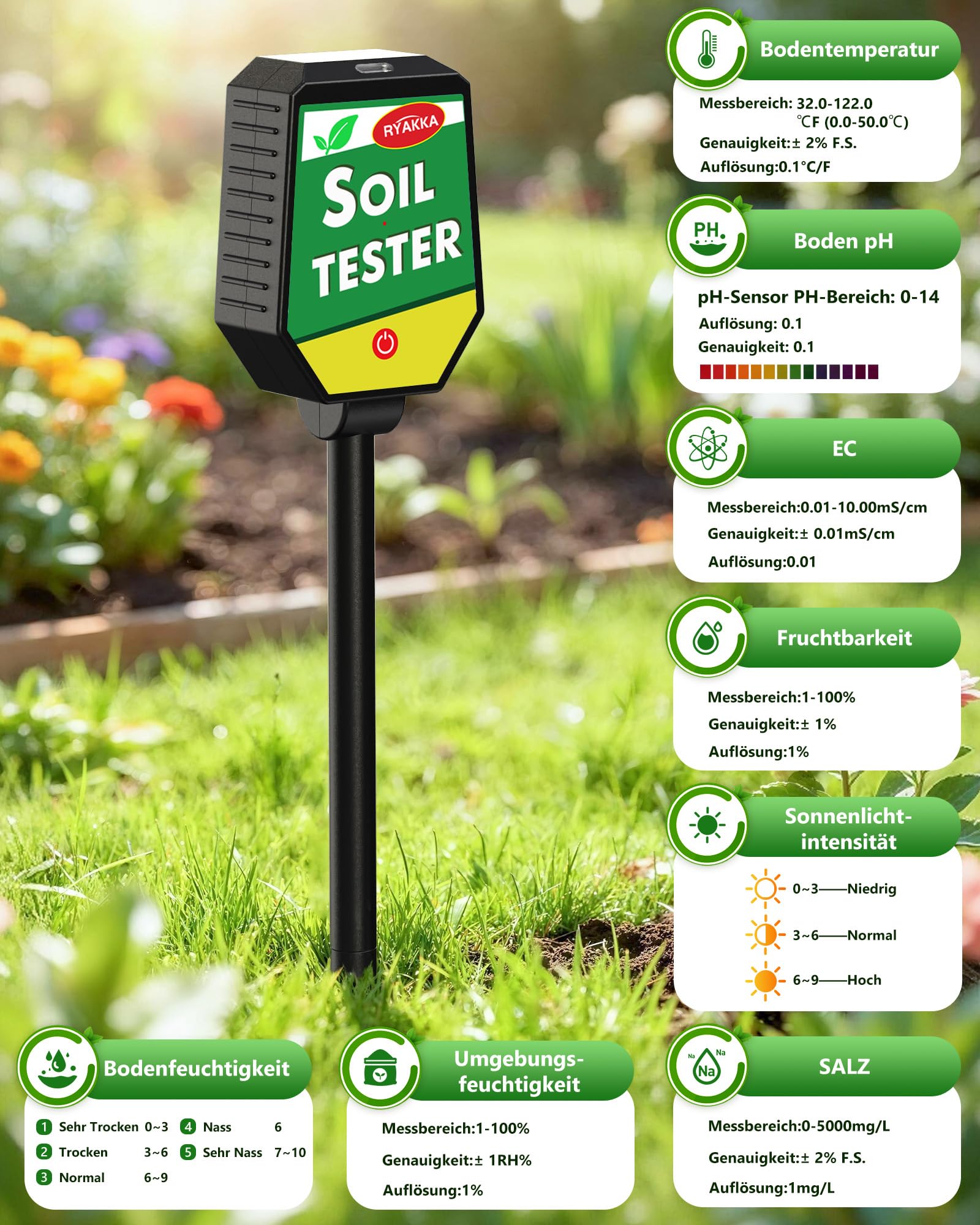 8-in-1 Bodenmessgerät mit APP-Überwachung, Messgerät Erde mit pH/EC/Temperatur/Feuchtigkeit/Fruchtbarkeit/Salzgehalt/Sonnenlicht/Umgebungsfeuchtigkeit für Garten