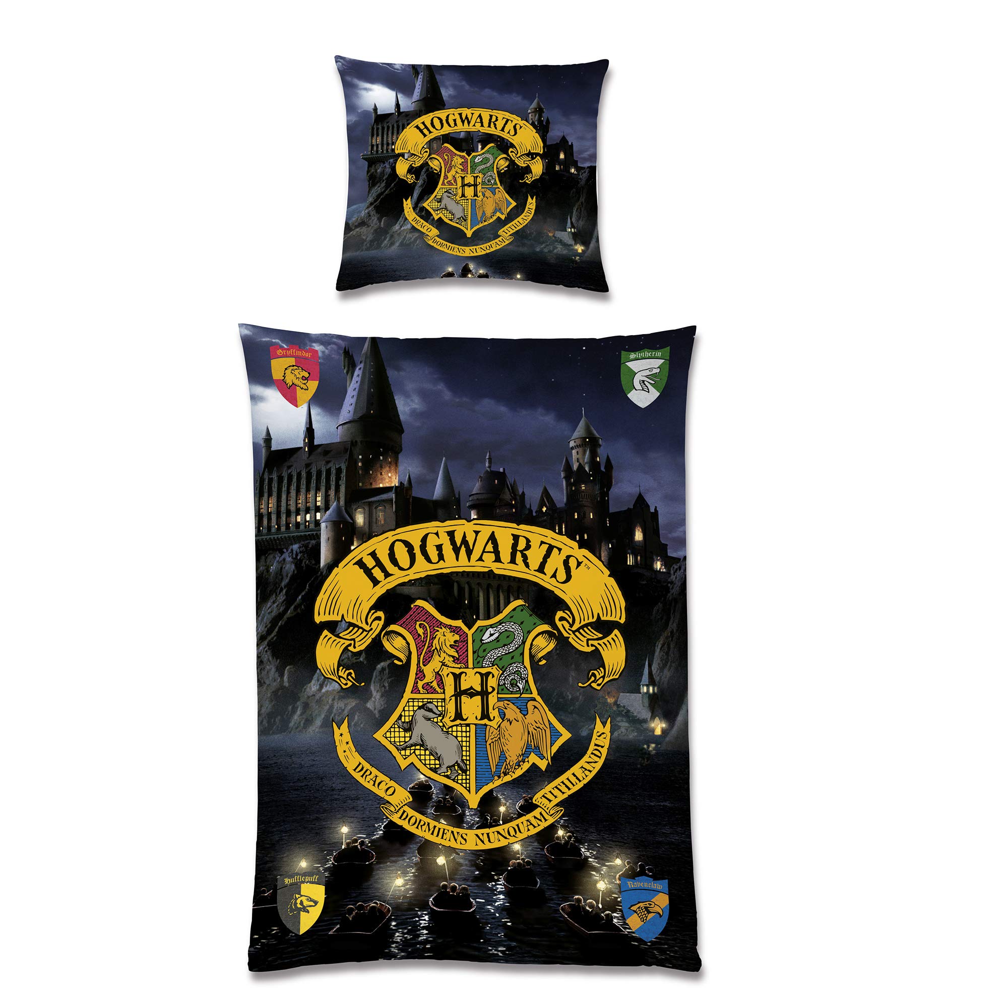 Harry Potter Wende-Bettwäsche Hogwarts 135 x 200 + 80 x 80 cm 100% Baumwolle Biber-Flanell-Qualität mit YKK-Reißverschluss Gryffindor Hufflepuff Ravenclaw Slytherin Weasley Hermine deutsche Größe