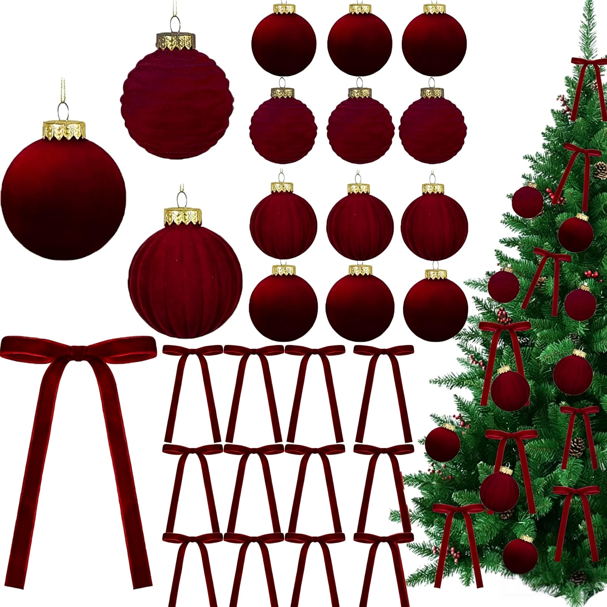 dididudi 12Pcs Velvet Christmas Ball Ornaments and Velvet Wreath Bow, 12Flocked Christmas Tree Hanging Ball 12 Vintage Ribbon Bows, Xmas Decor Holiday Party Supplies (Red)