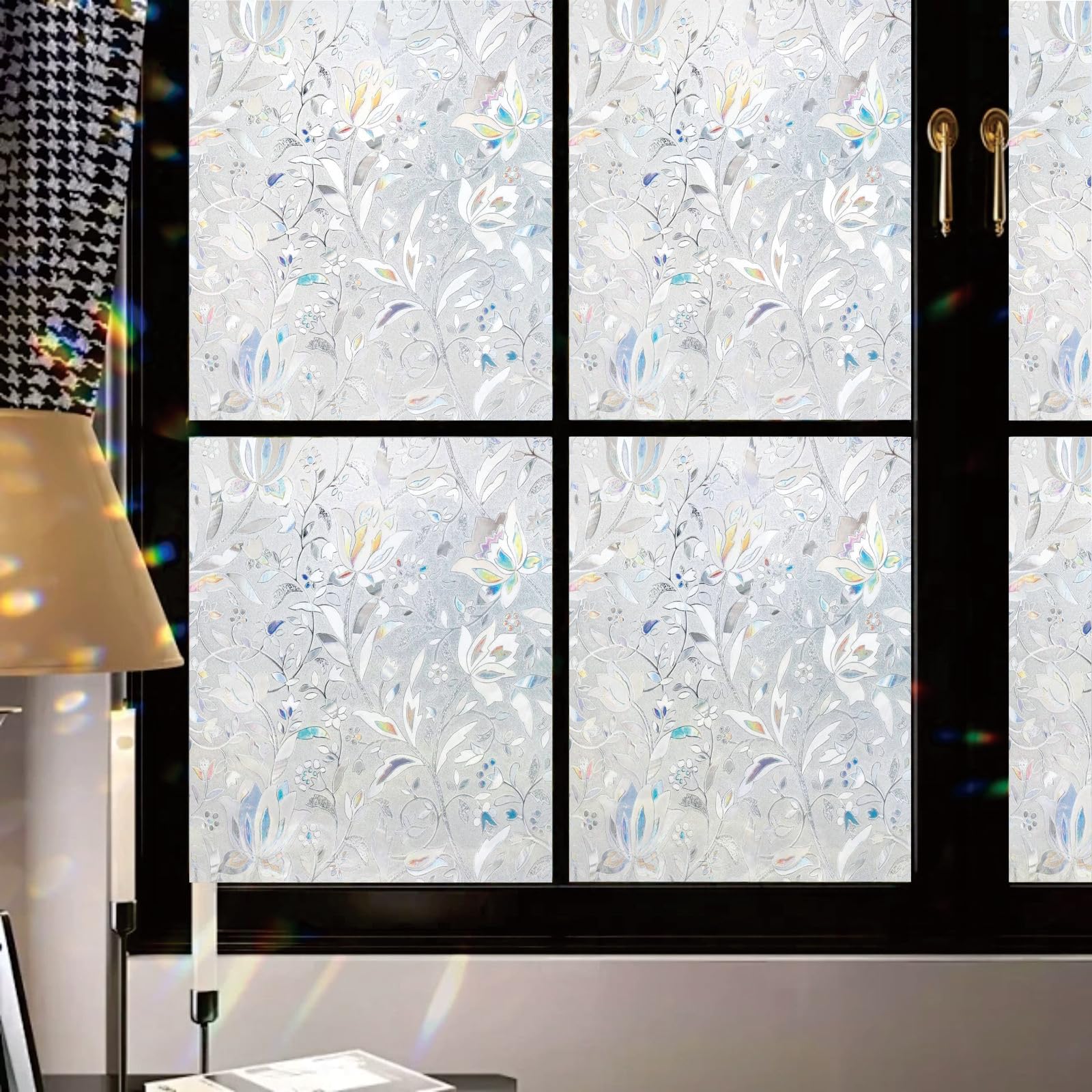 Stained Glass Window Film 65 x 260 cm Blocks UV Static Cling No Glue Removable Heat Cotrol, Privacy Protection, Window Privacy Film with Rainbow Effect, for Home, tulip