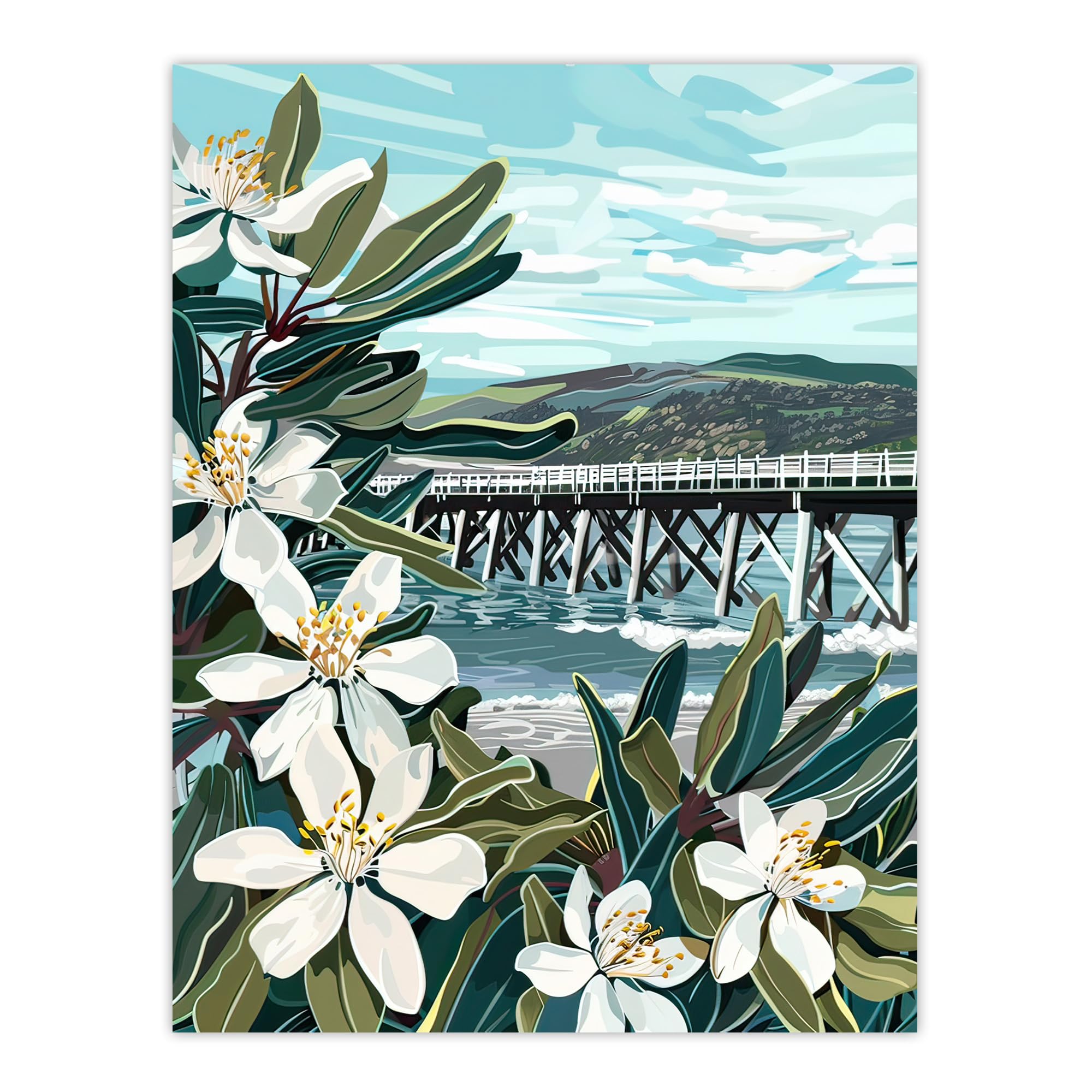 Artery8 Dunoon Pier Scotland Painting Lily Wildflowers Living Room Large Wall Art Poster Print Thick Paper 18X24 Inch