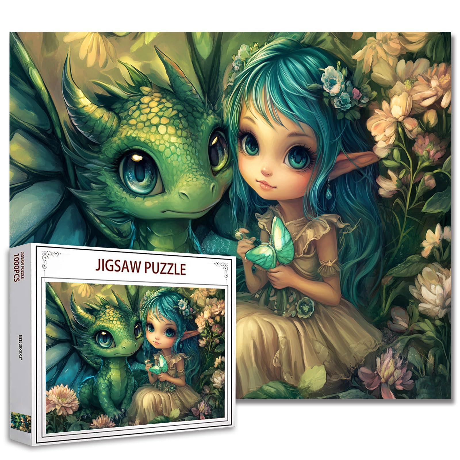 Dragon with Girl Puzzles for Adults 1000 Pieces Cute Green Dragon DIY Handwork Puzzles Art Jigsaw Puzzles for Home Decoration Difficult and Challenge Large Puzzle Family Games Unique Gift