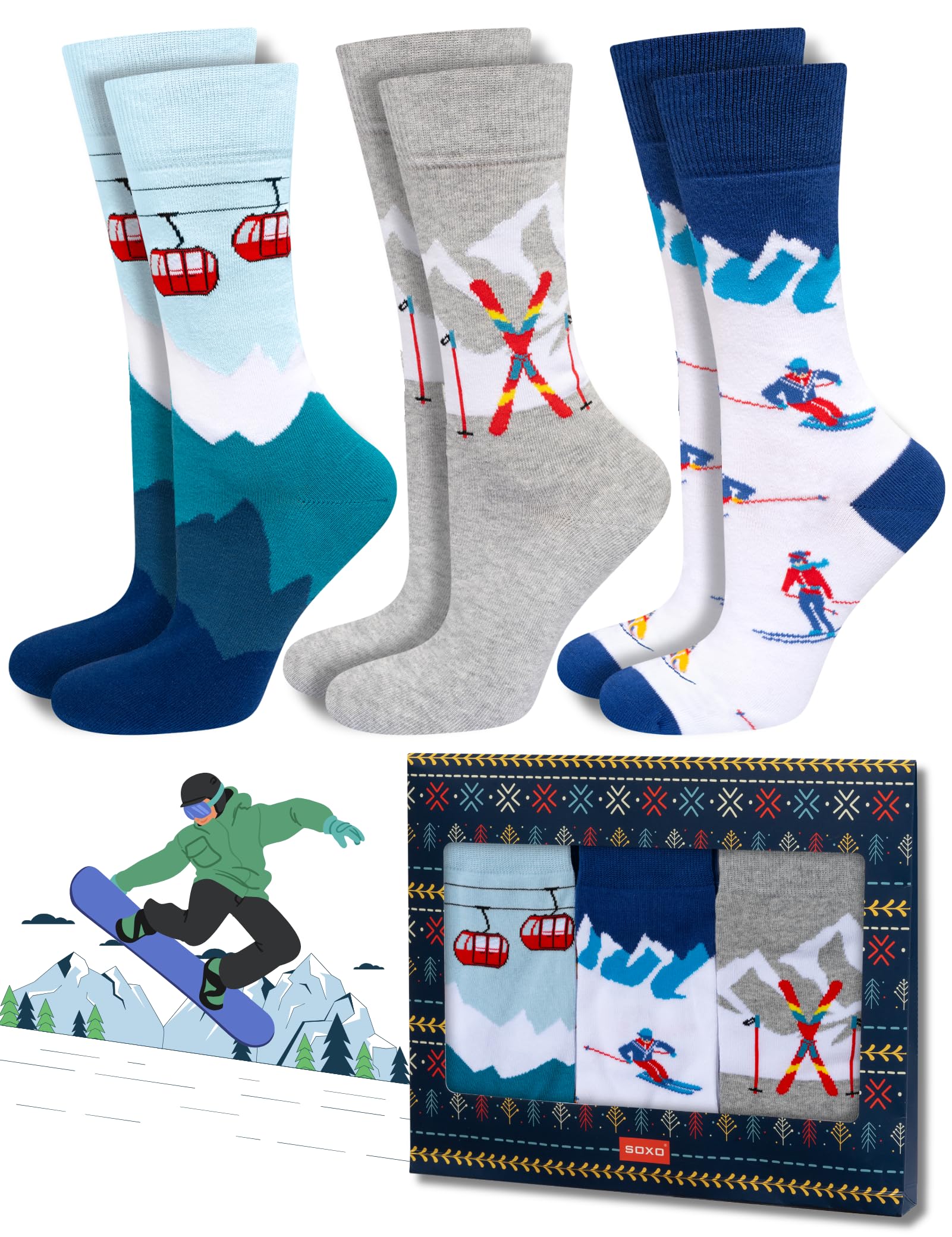 soxo Ski Socks For Men Funny Ladies Gift Ideas Long Womens Warm Winter Sock Men's Funky Gifts 6.5-10.5 Skiing 3 Pairs