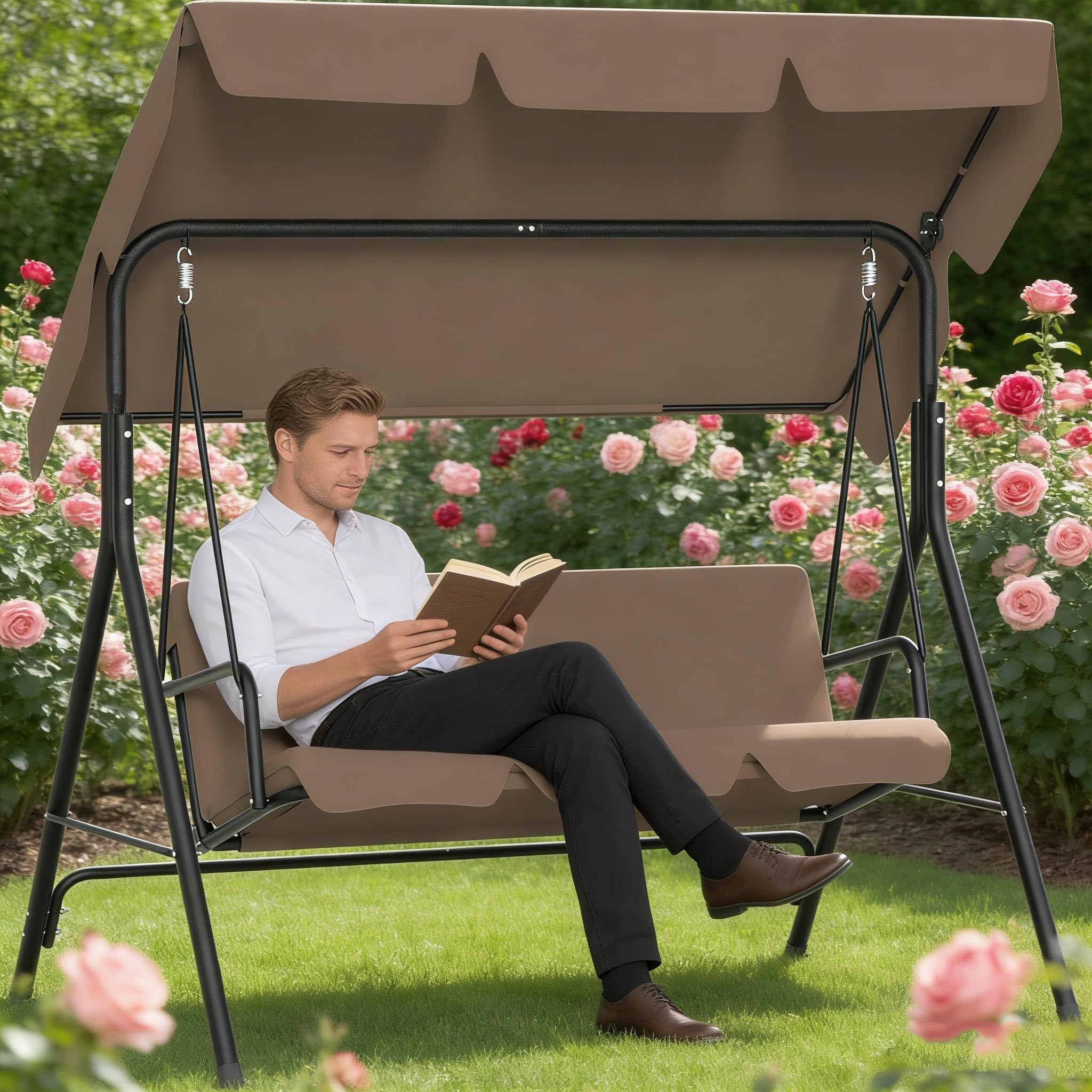 176x110x152cm Hollywoodschaukeln mit Sonnendach & Sitzauflage & Stahl Rahmen, 3-Sitzer Garten Schaukelbank belast bis 200KG, Schaukelbank Gartenliege für Outdoor & Indoor (Braun)
